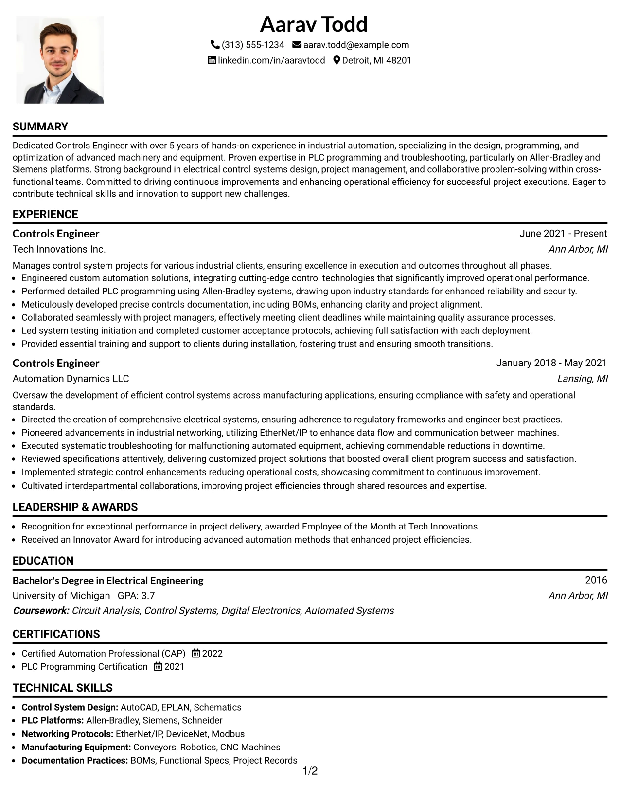 Resume Example Page 1