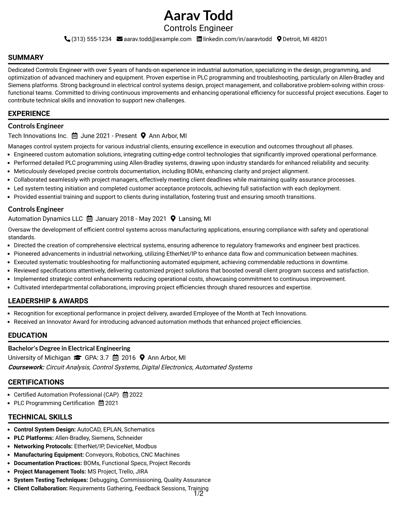 Resume Example Page 1