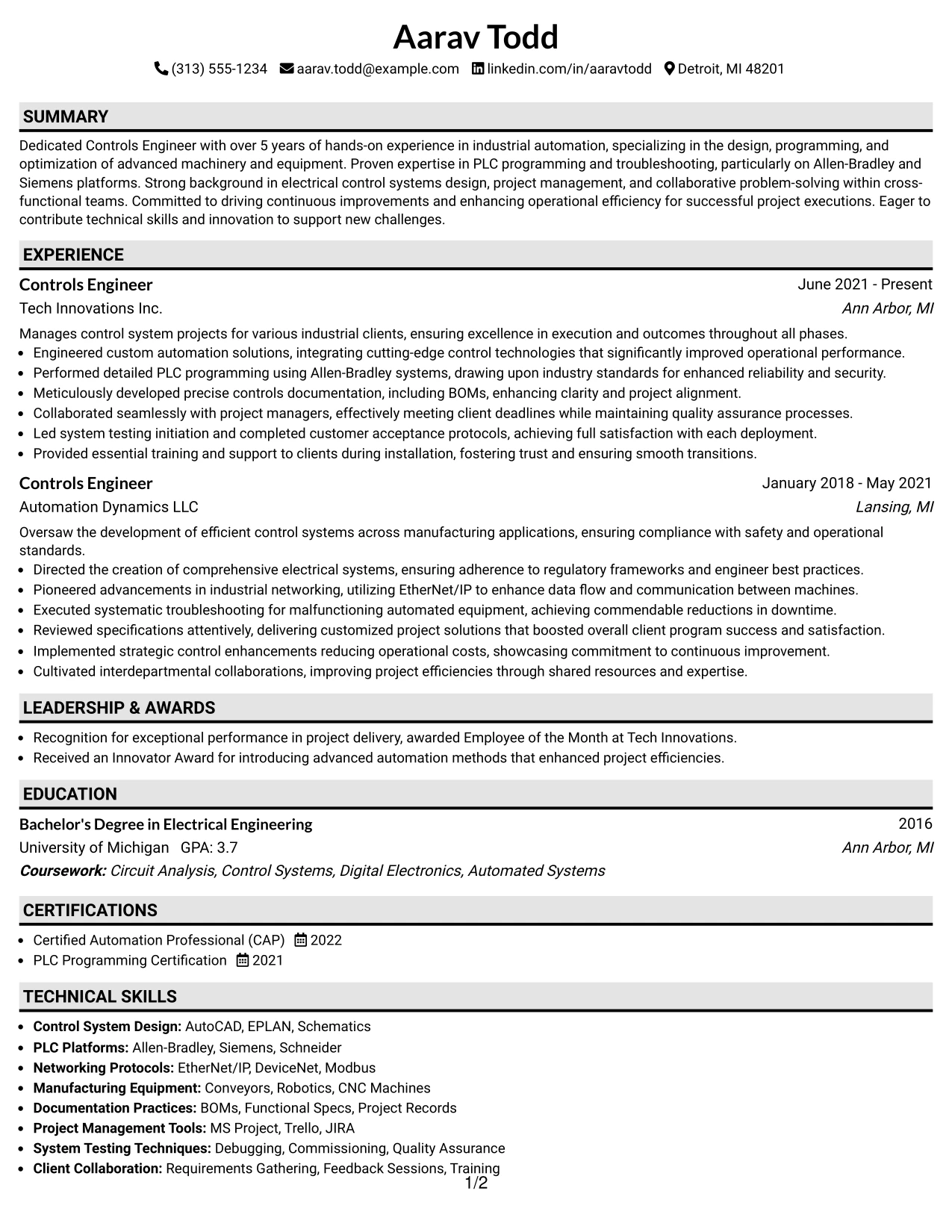 Resume Example Page 1