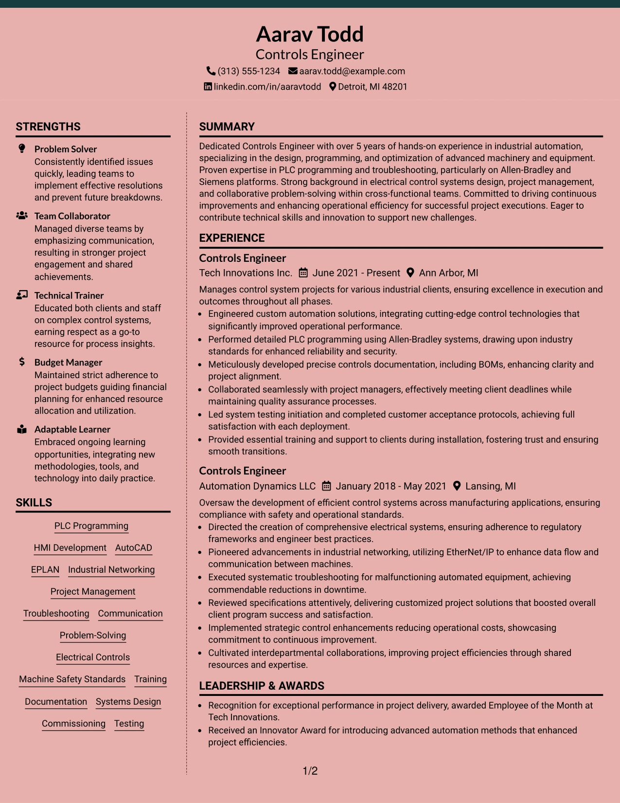 Resume Example Page 1