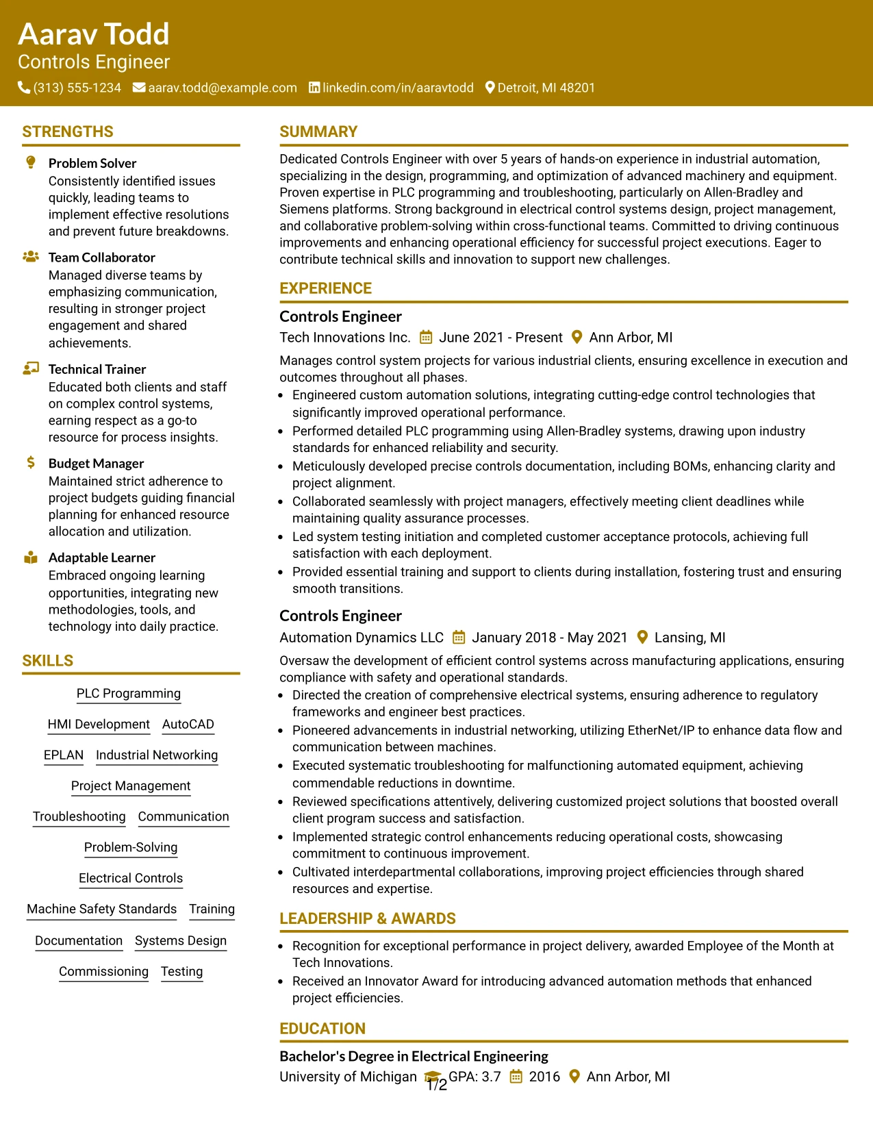 Resume Example Page 1