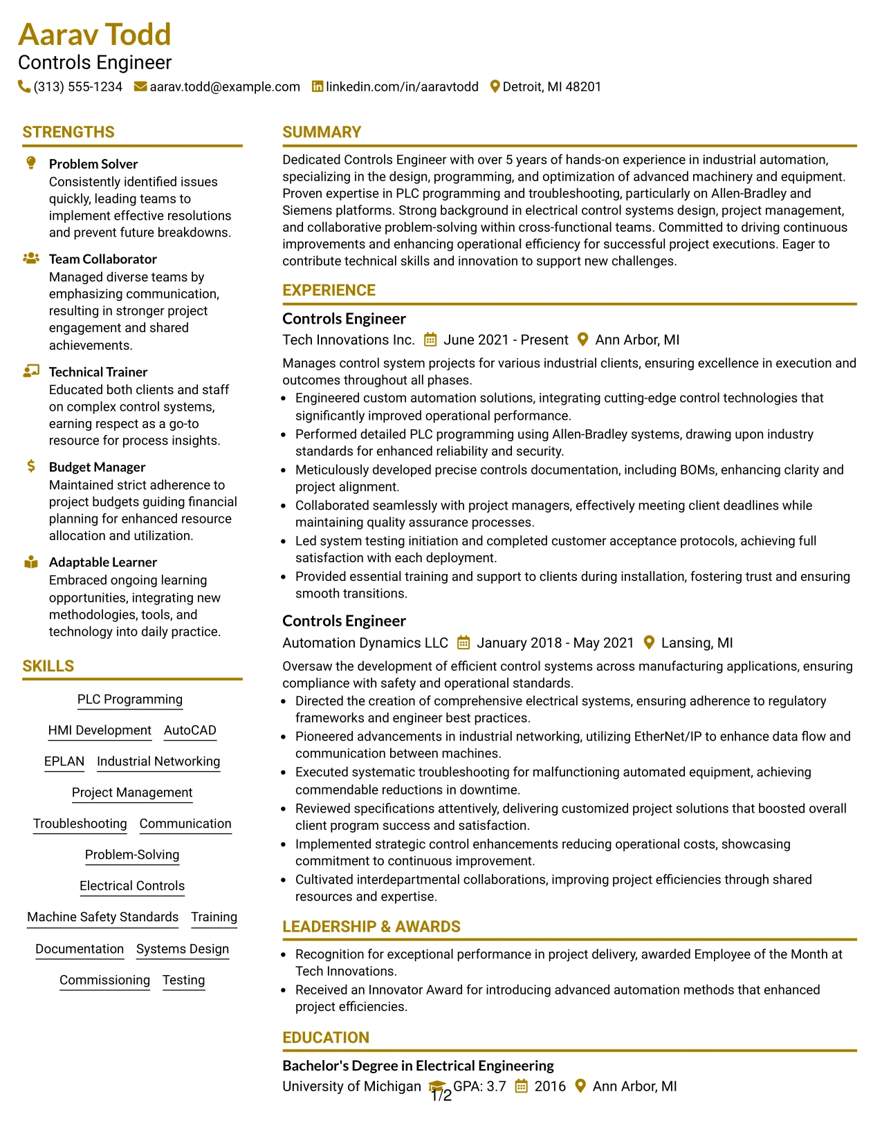 Resume Example Page 1