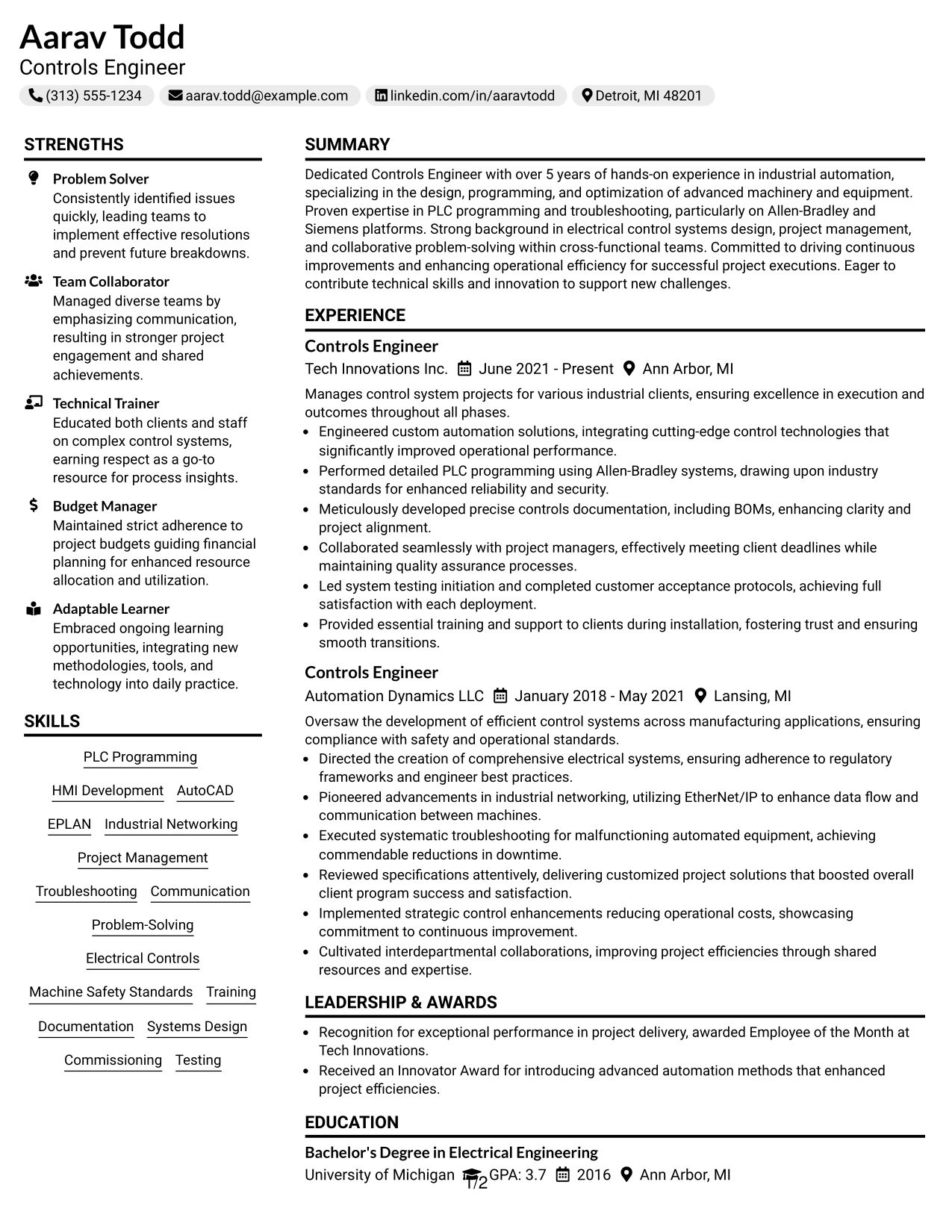 Resume Example Page 1