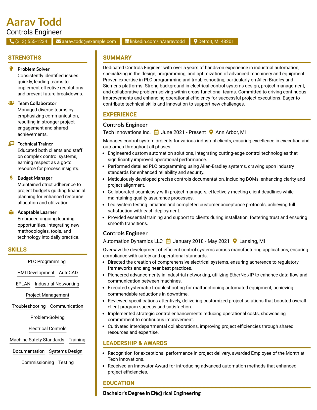 Resume Example Page 1