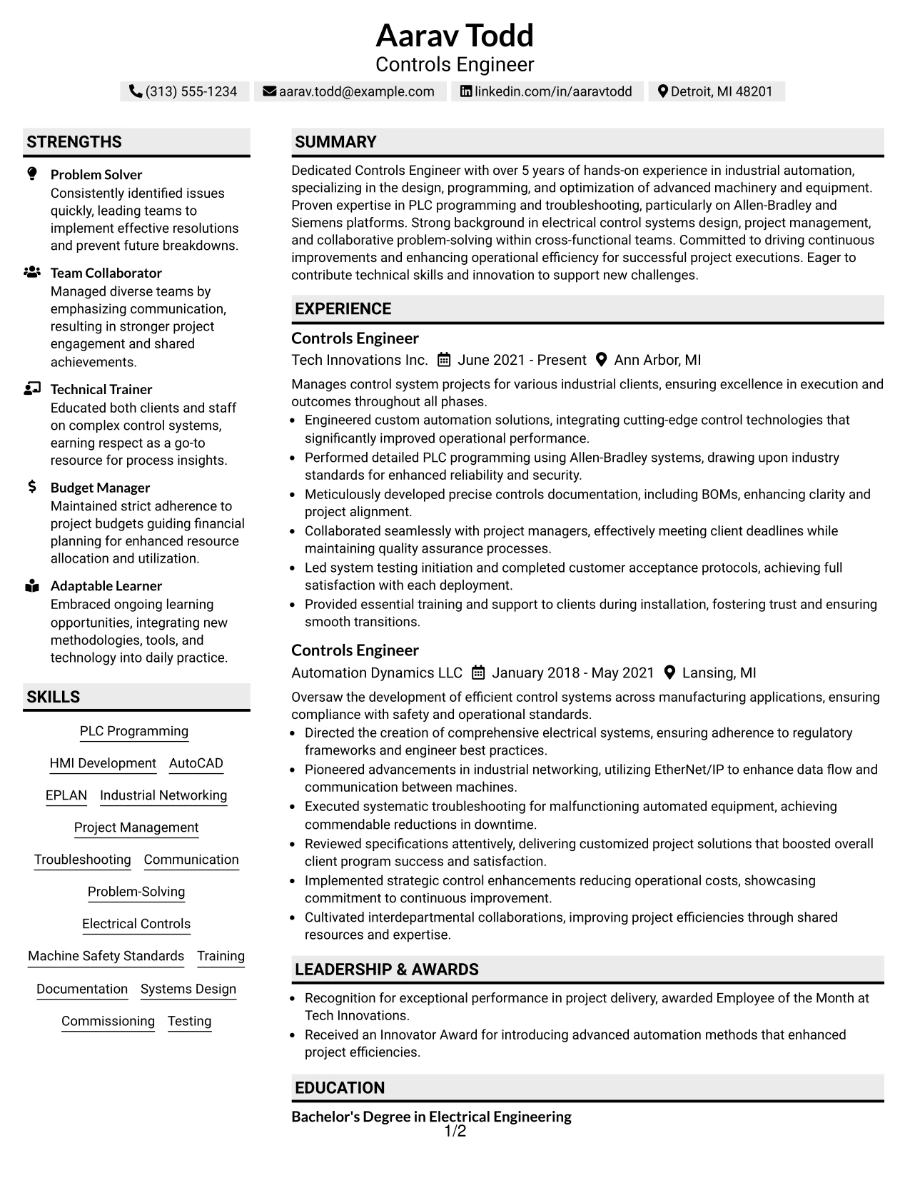 Resume Example Page 1