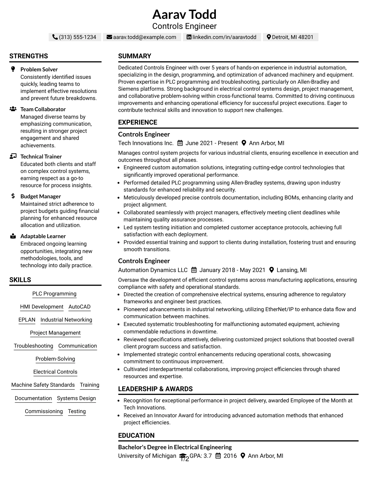 Resume Example Page 1