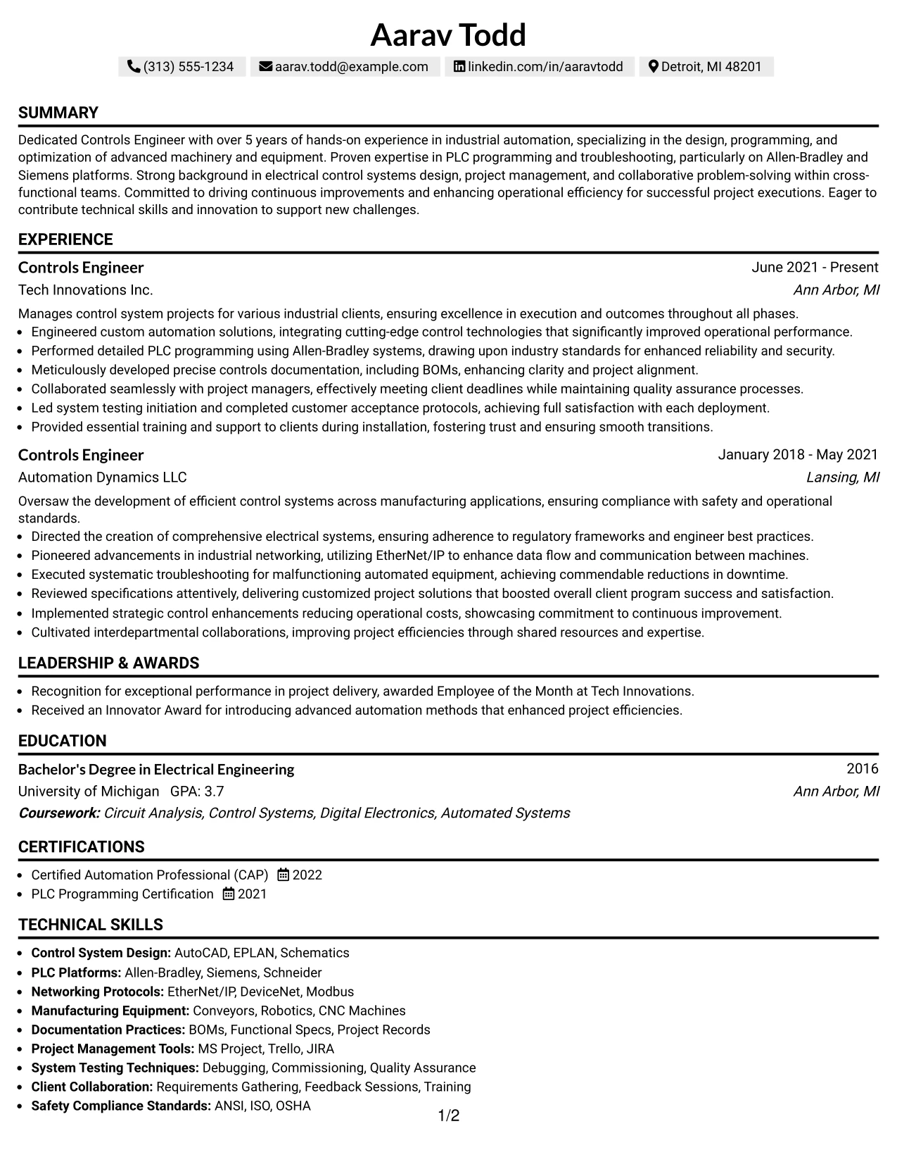 Resume Example Page 1
