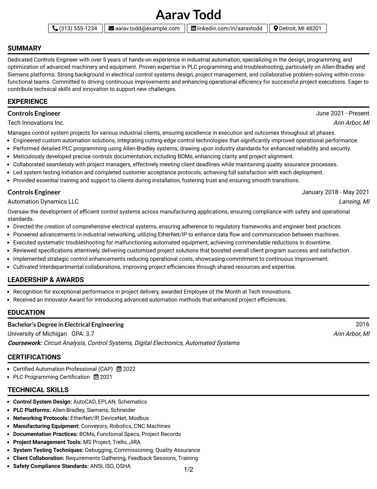 Resume Example Page 1