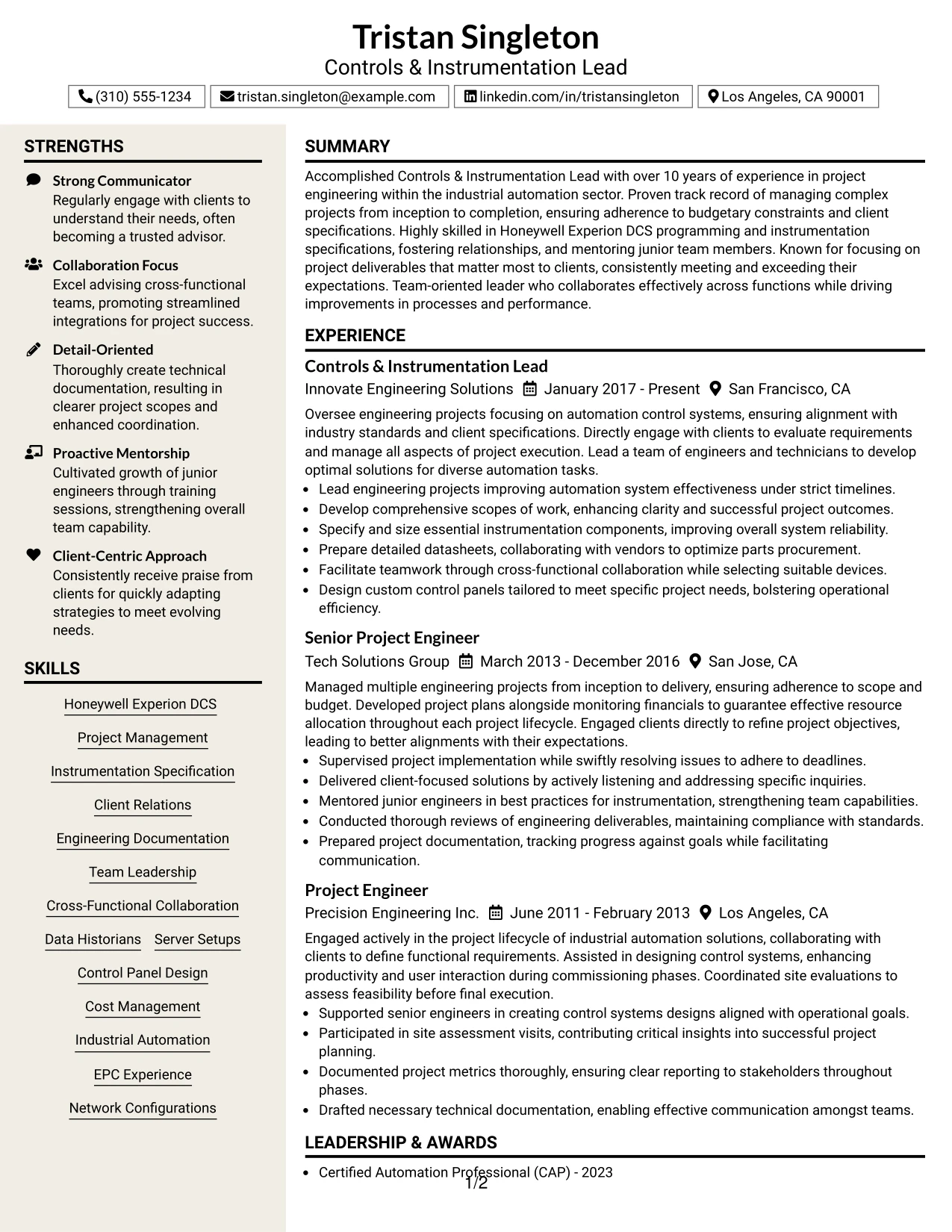 Resume Example Page 1