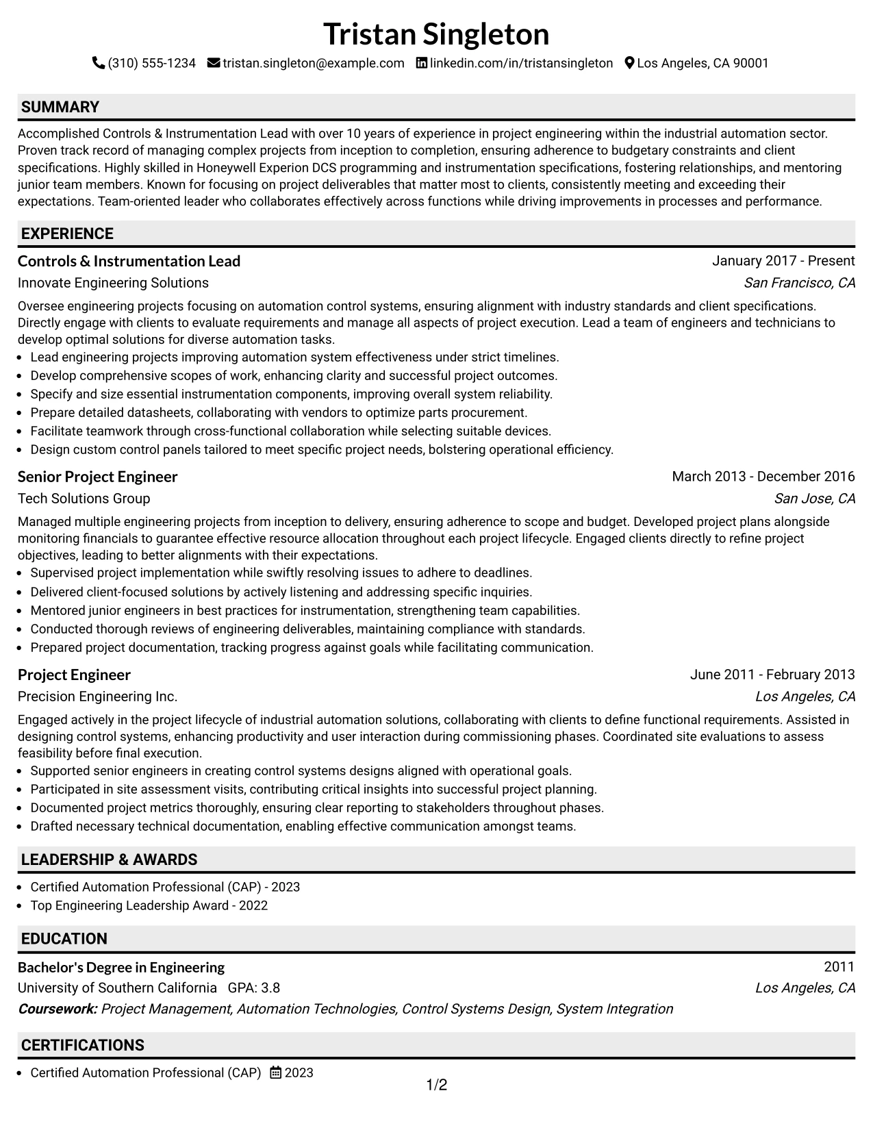 Resume Example Page 1