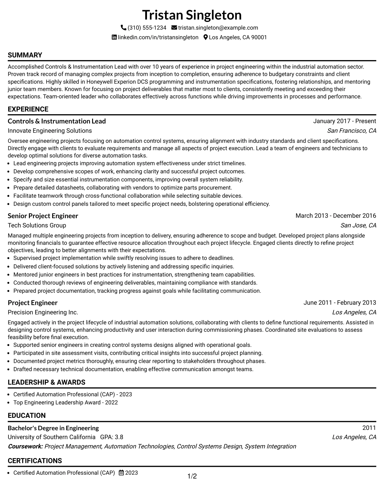 Resume Example Page 1