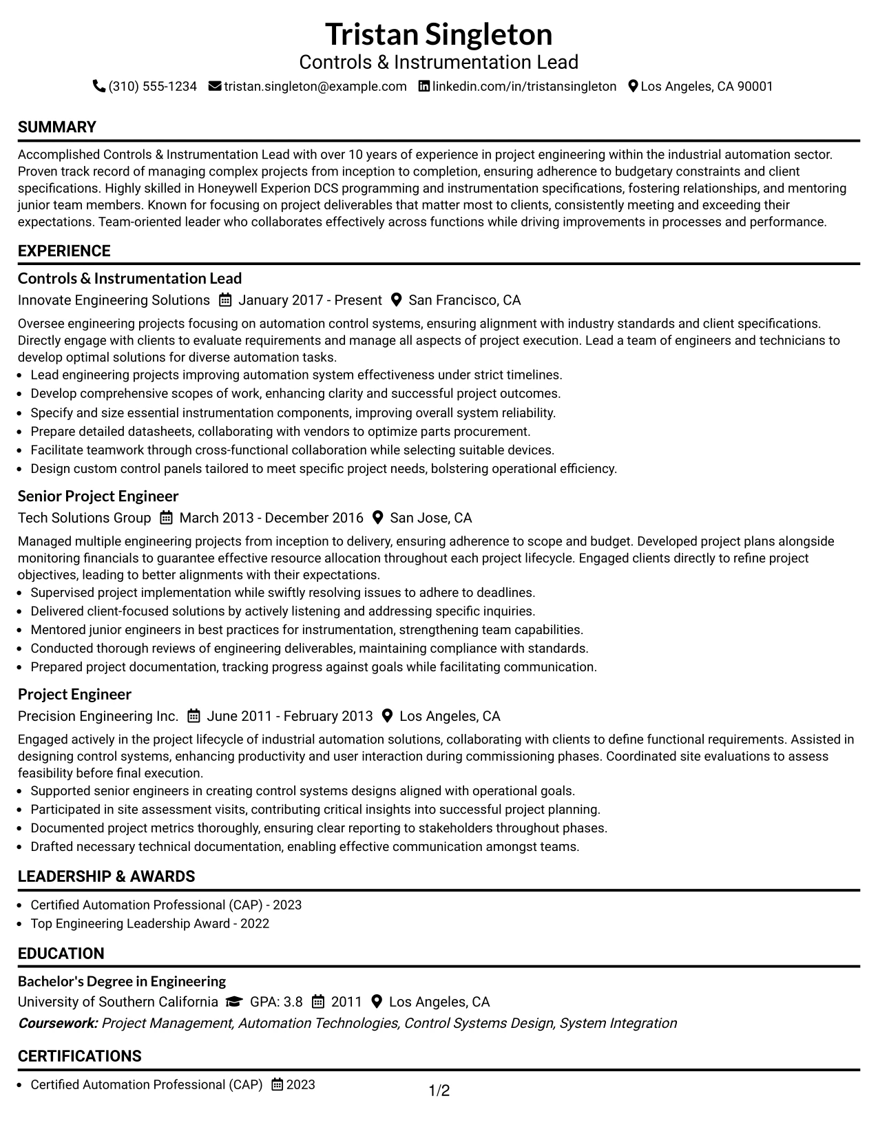 Resume Example Page 1