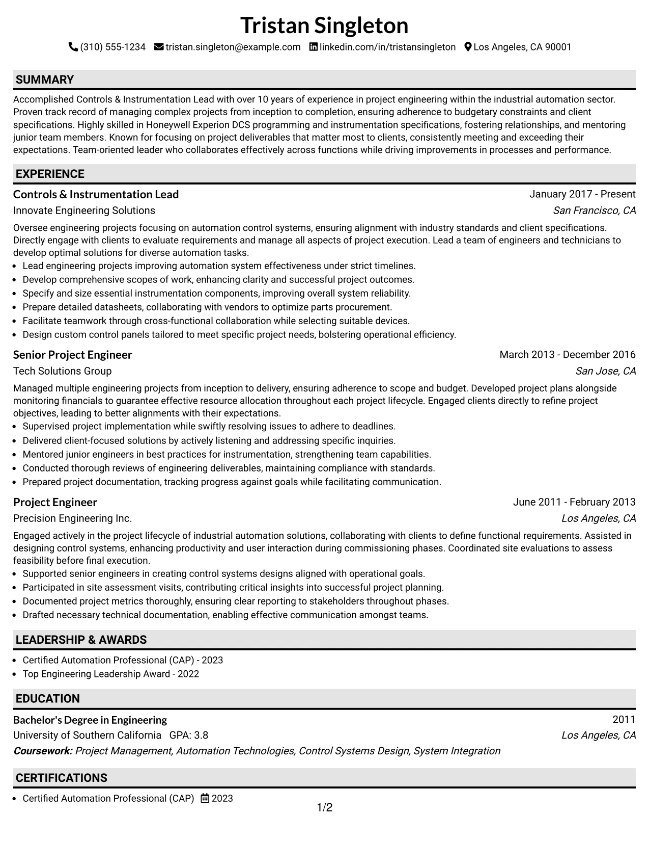 Resume Example Page 1