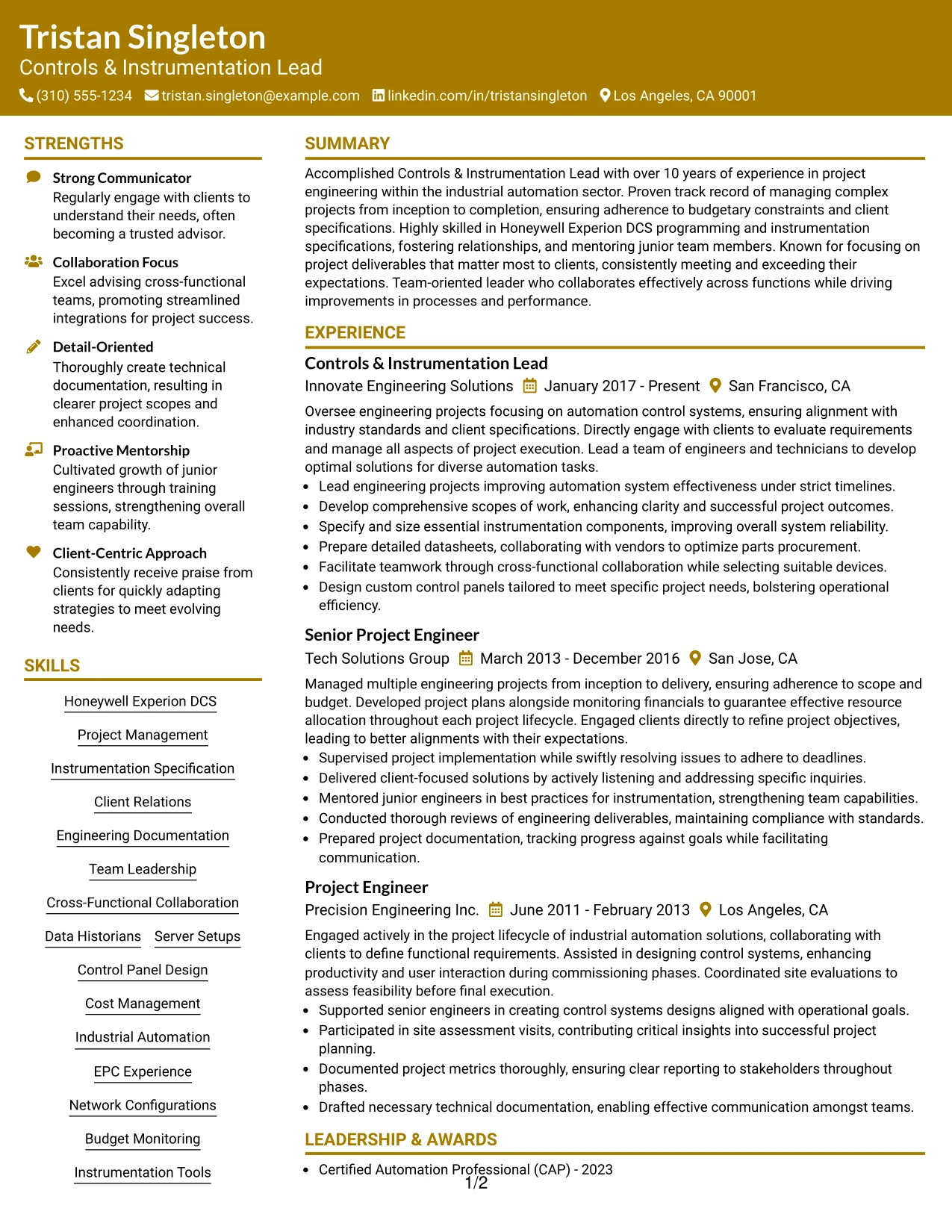 Resume Example Page 1