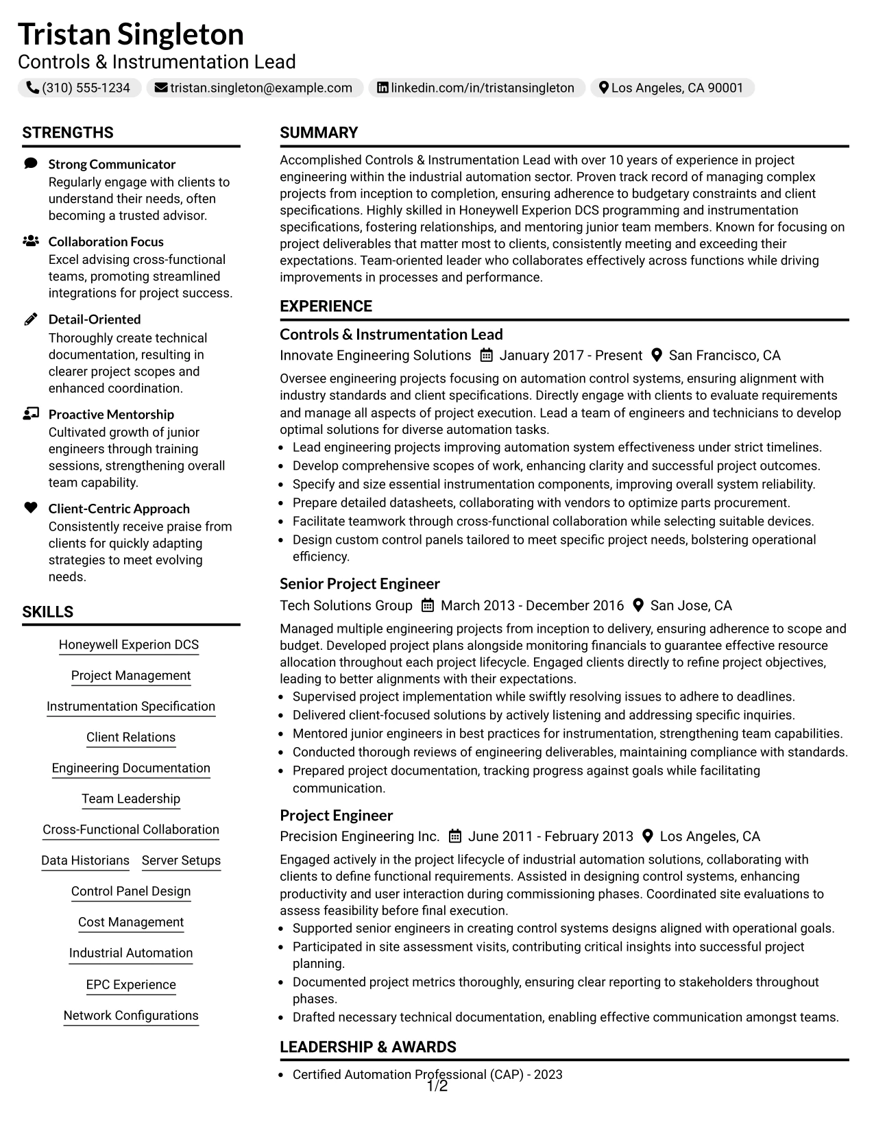 Resume Example Page 1