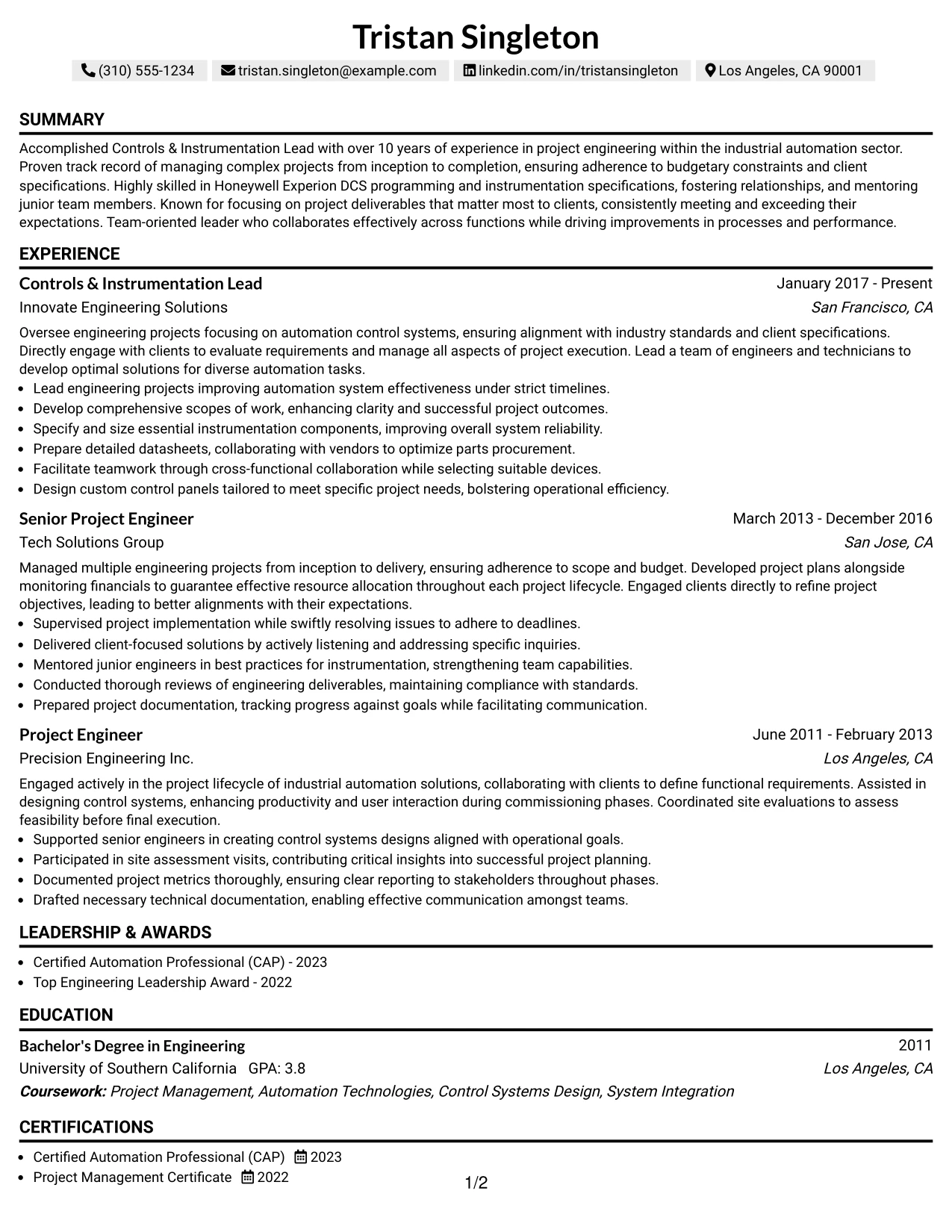 Resume Example Page 1