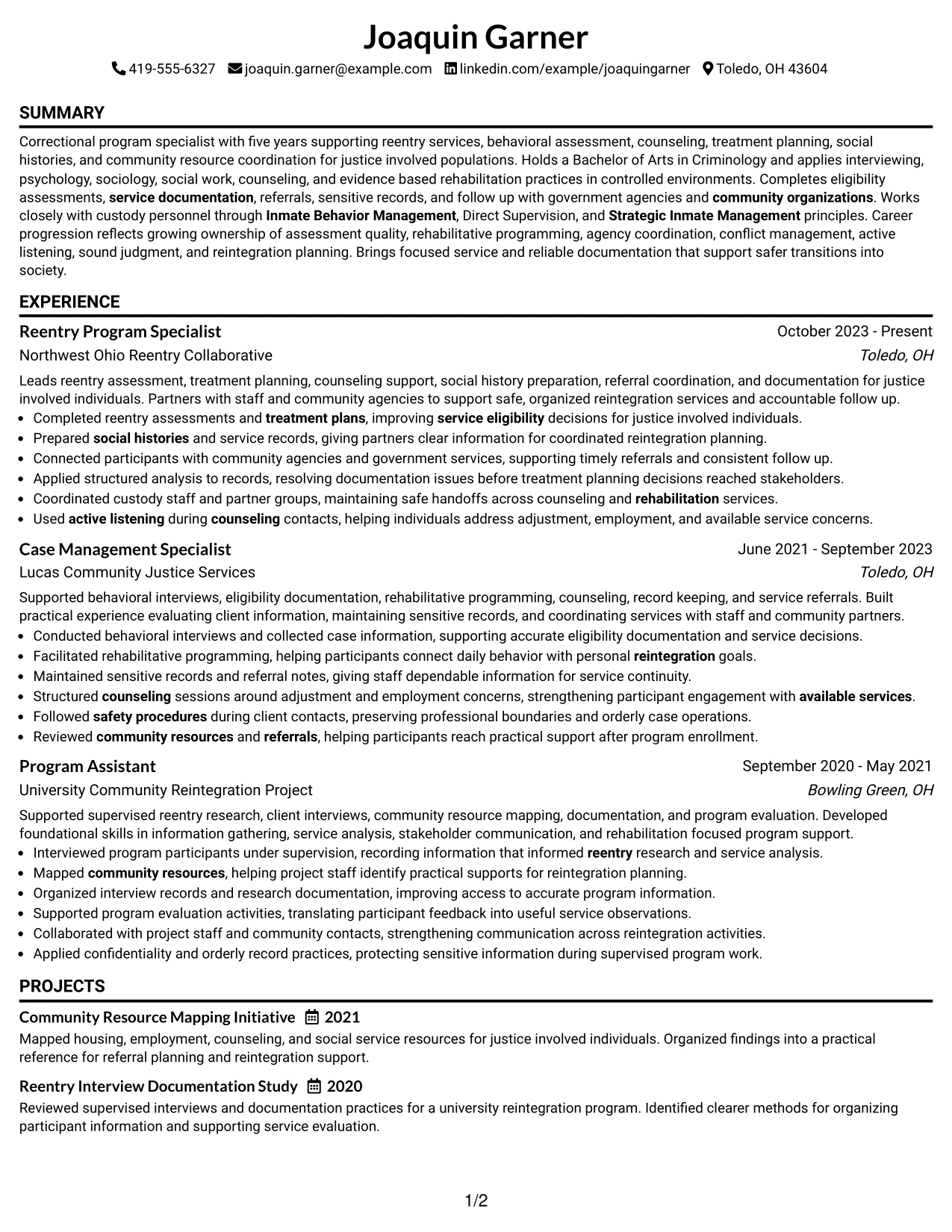 Resume Example Page 1
