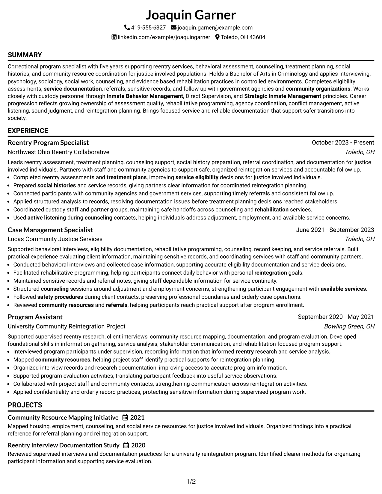 Resume Example Page 1