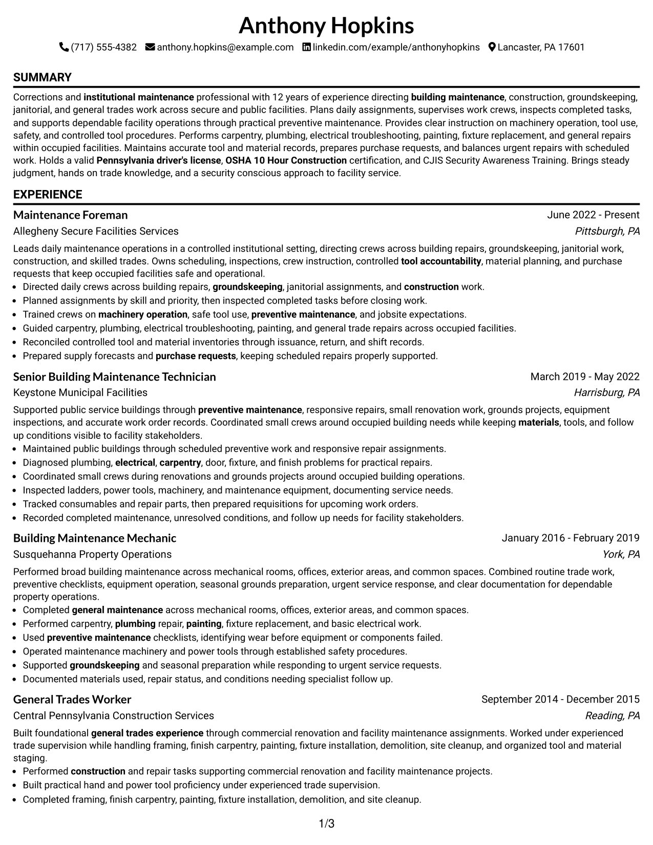 Resume Example Page 1