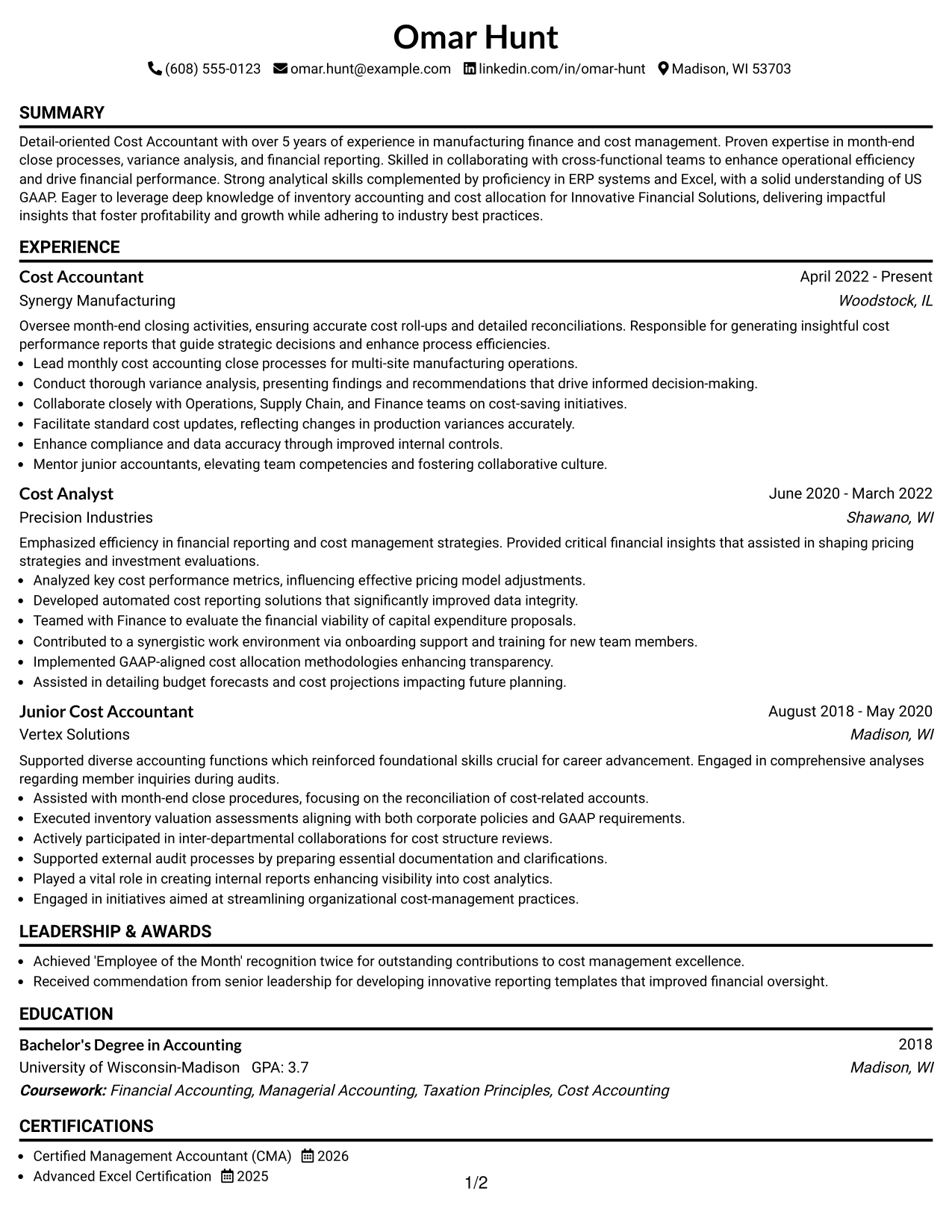 Resume Example Page 1