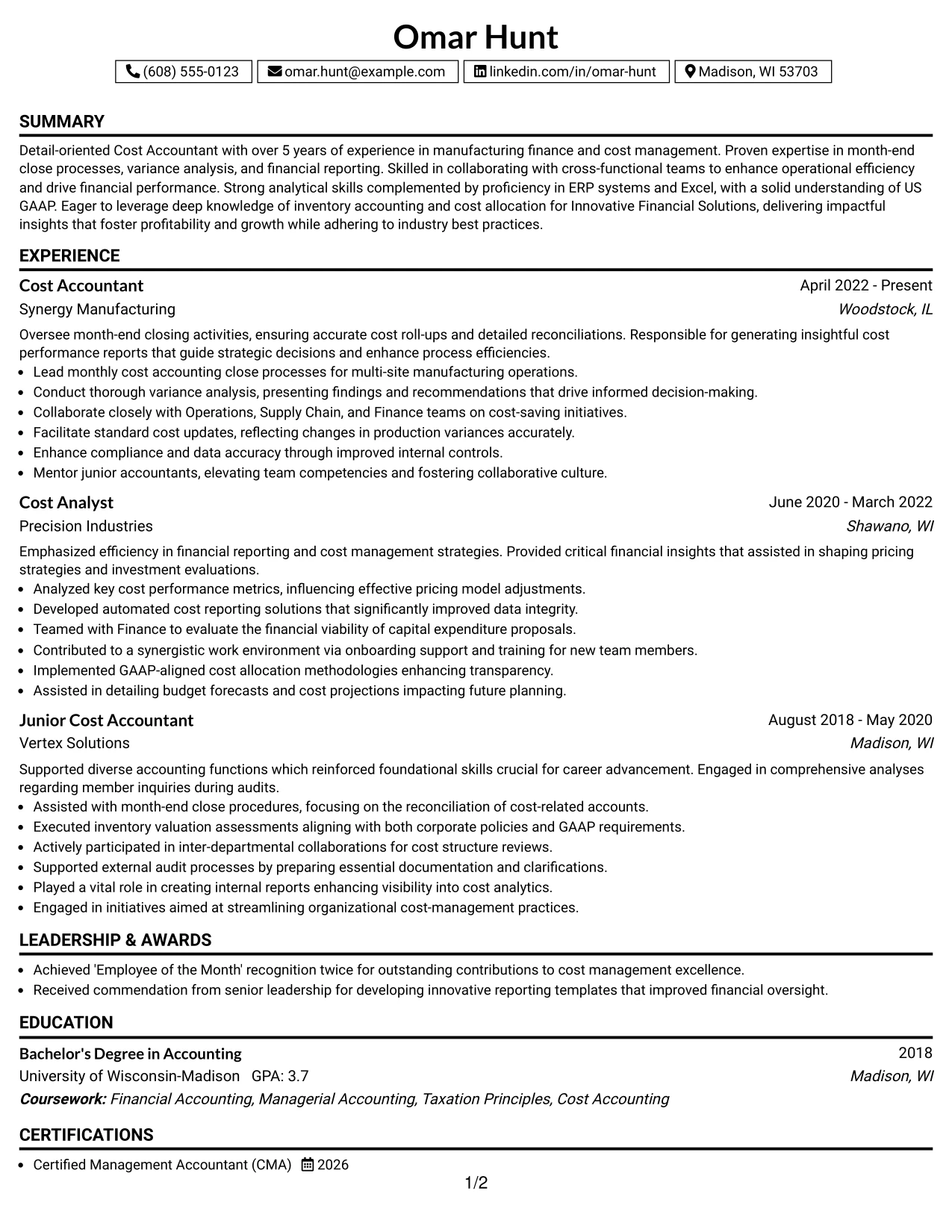 Resume Example Page 1