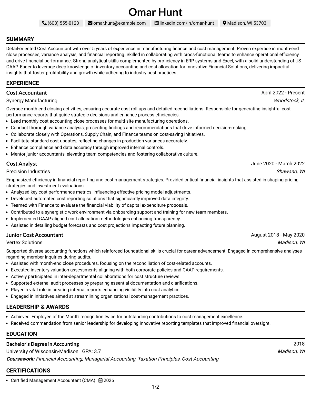 Resume Example Page 1