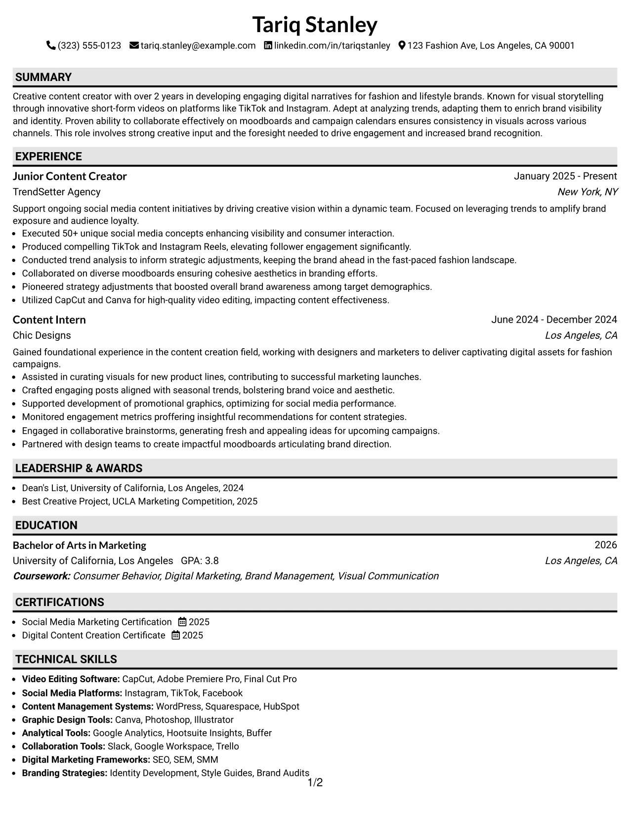 Resume Example Page 1