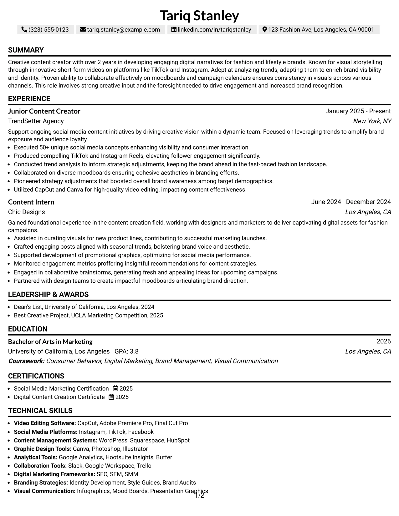 Resume Example Page 1