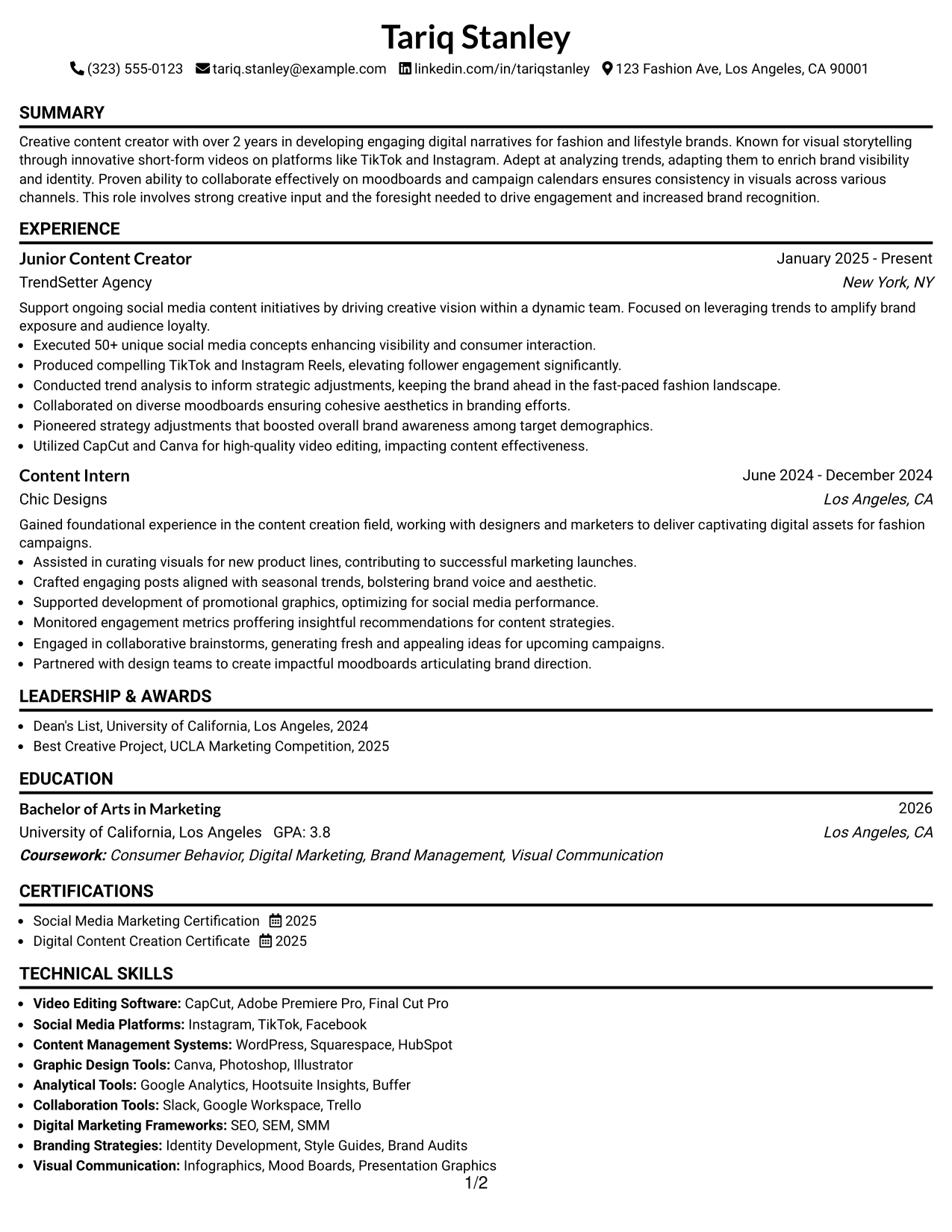 Resume Example Page 1