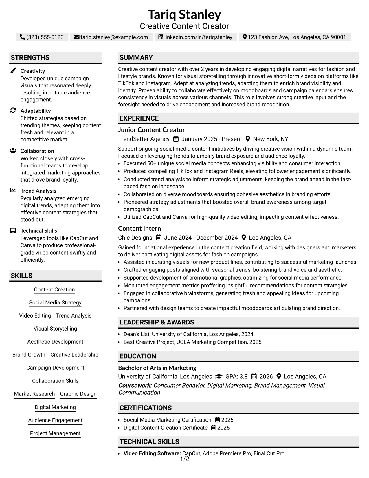 Resume Example Page 1