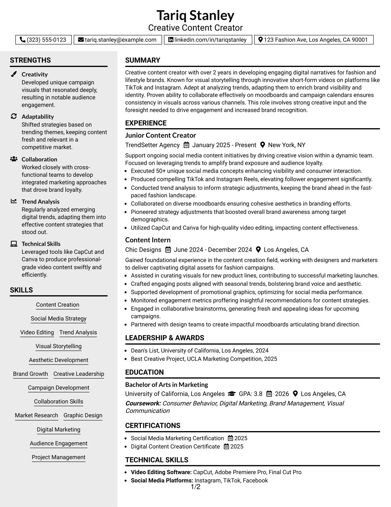 Resume Example Page 1