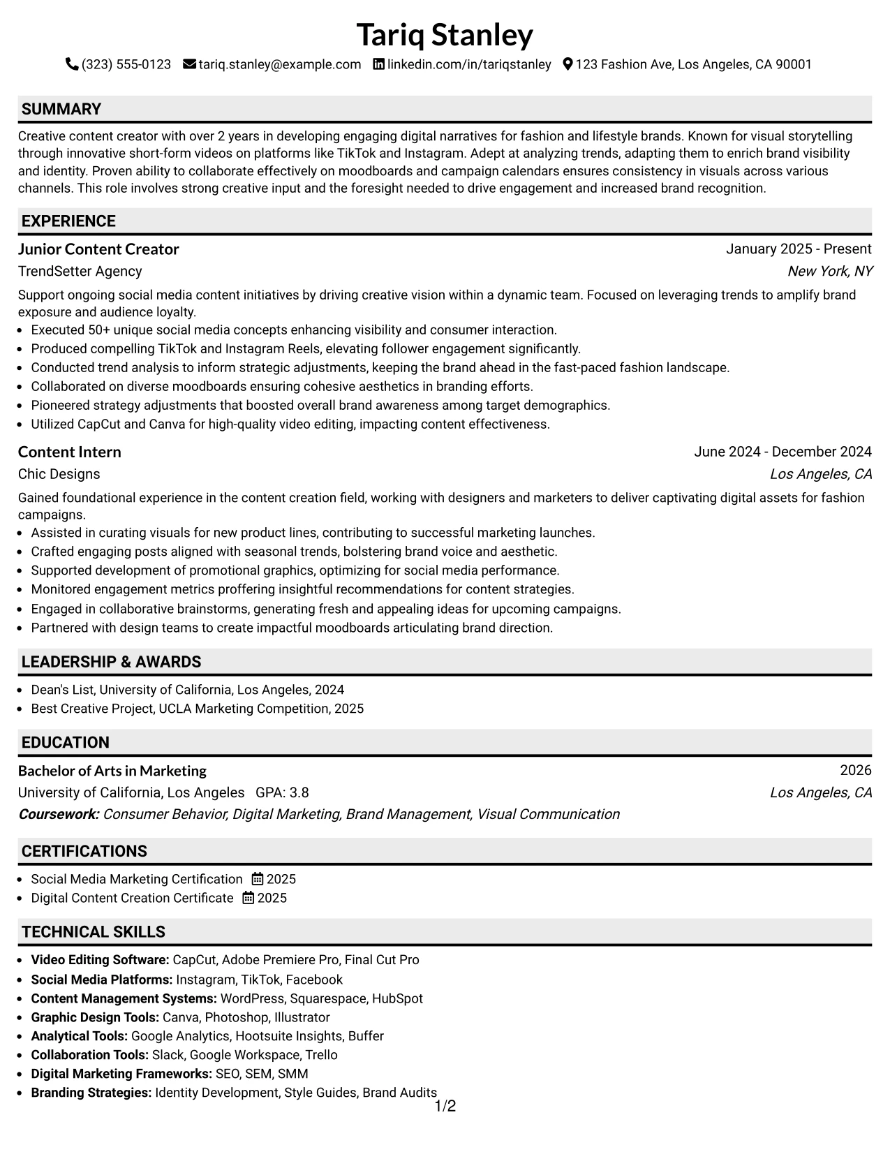 Resume Example Page 1