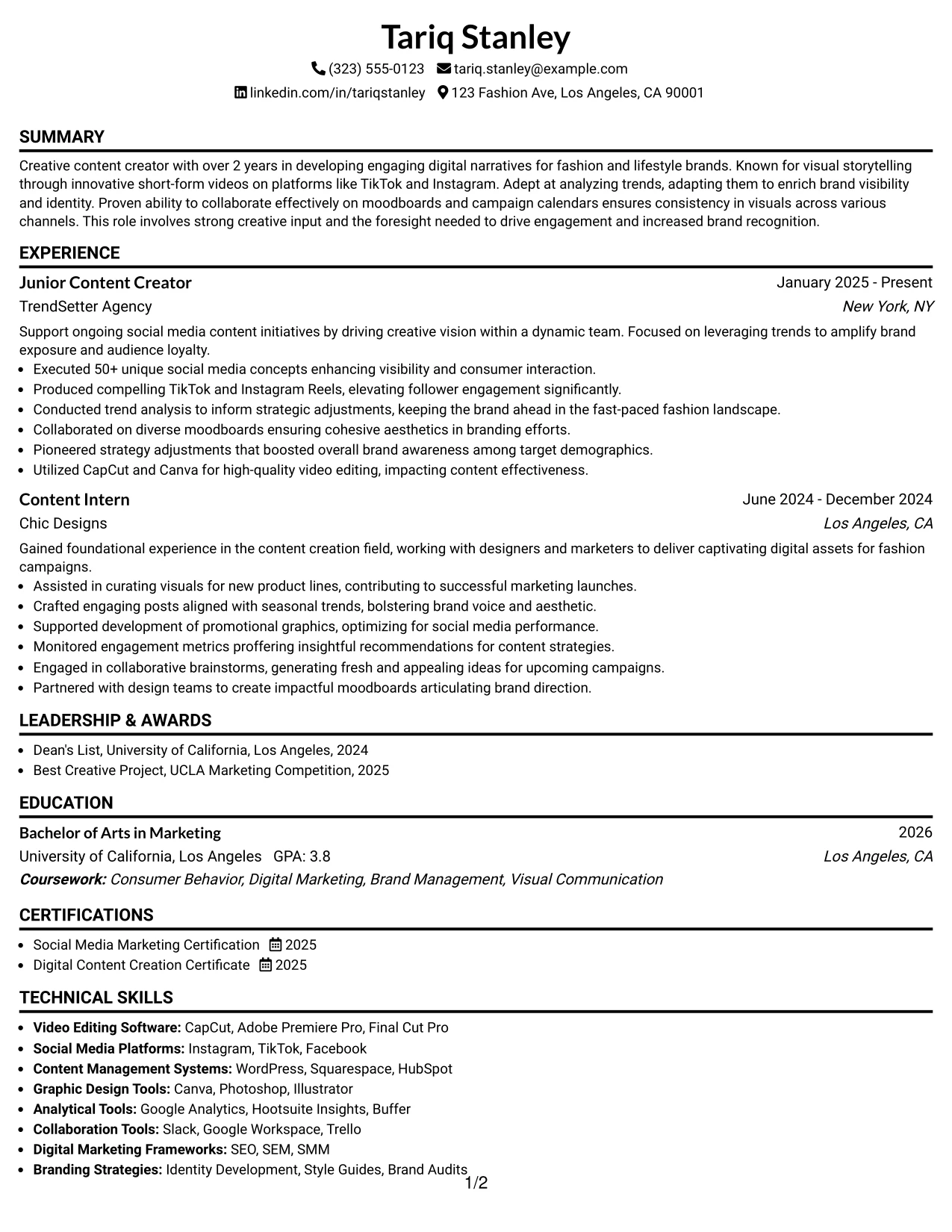 Resume Example Page 1