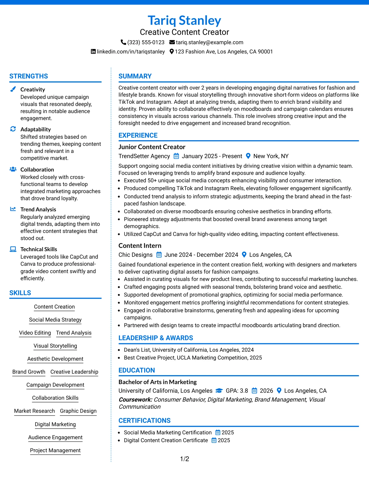 Resume Example Page 1