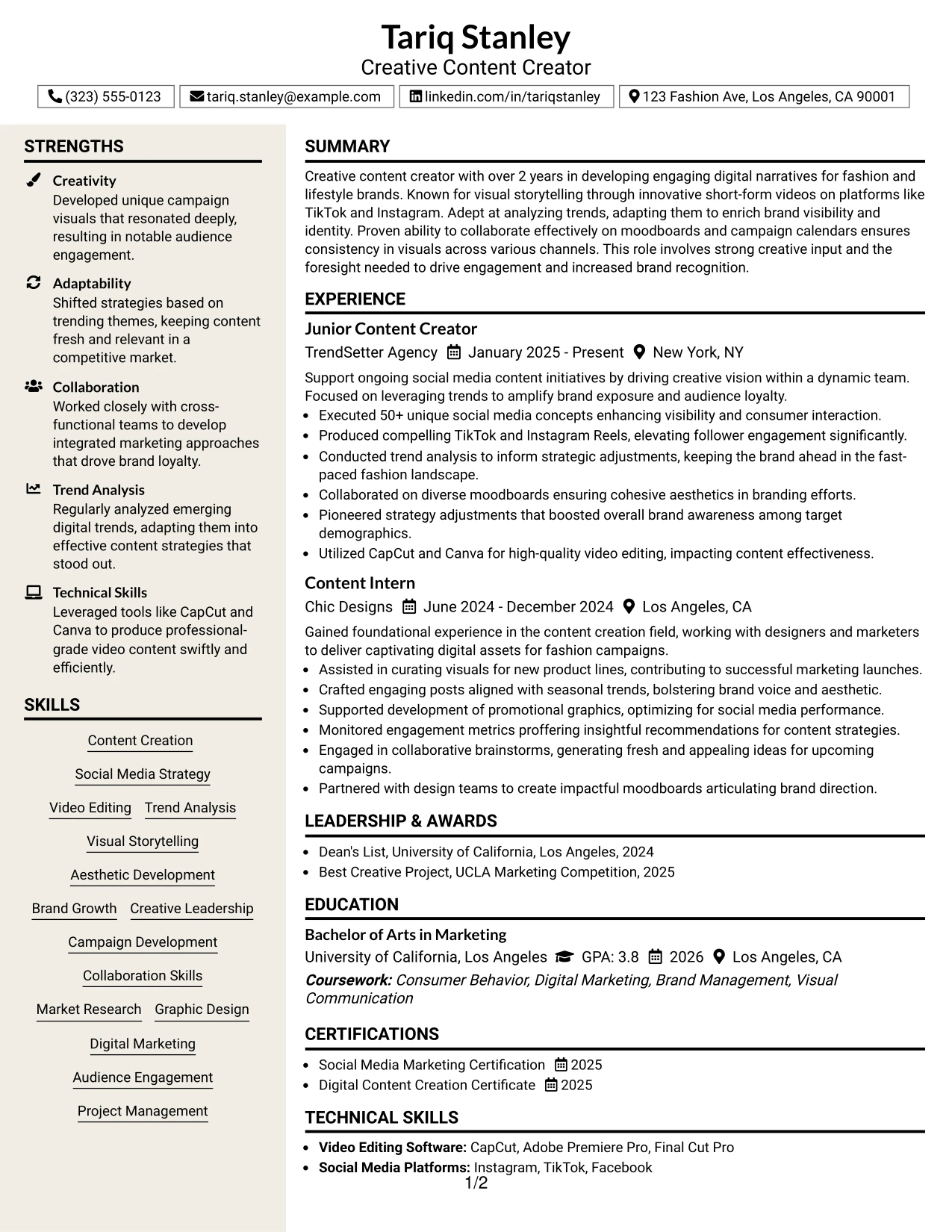 Resume Example Page 1