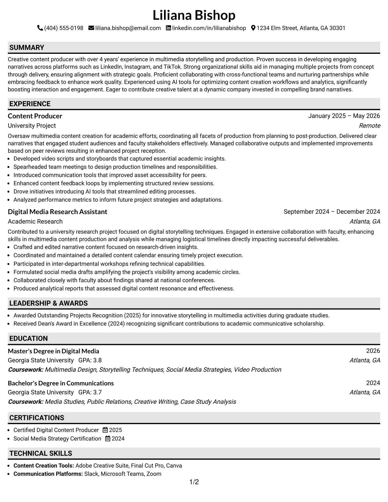 Resume Example Page 1