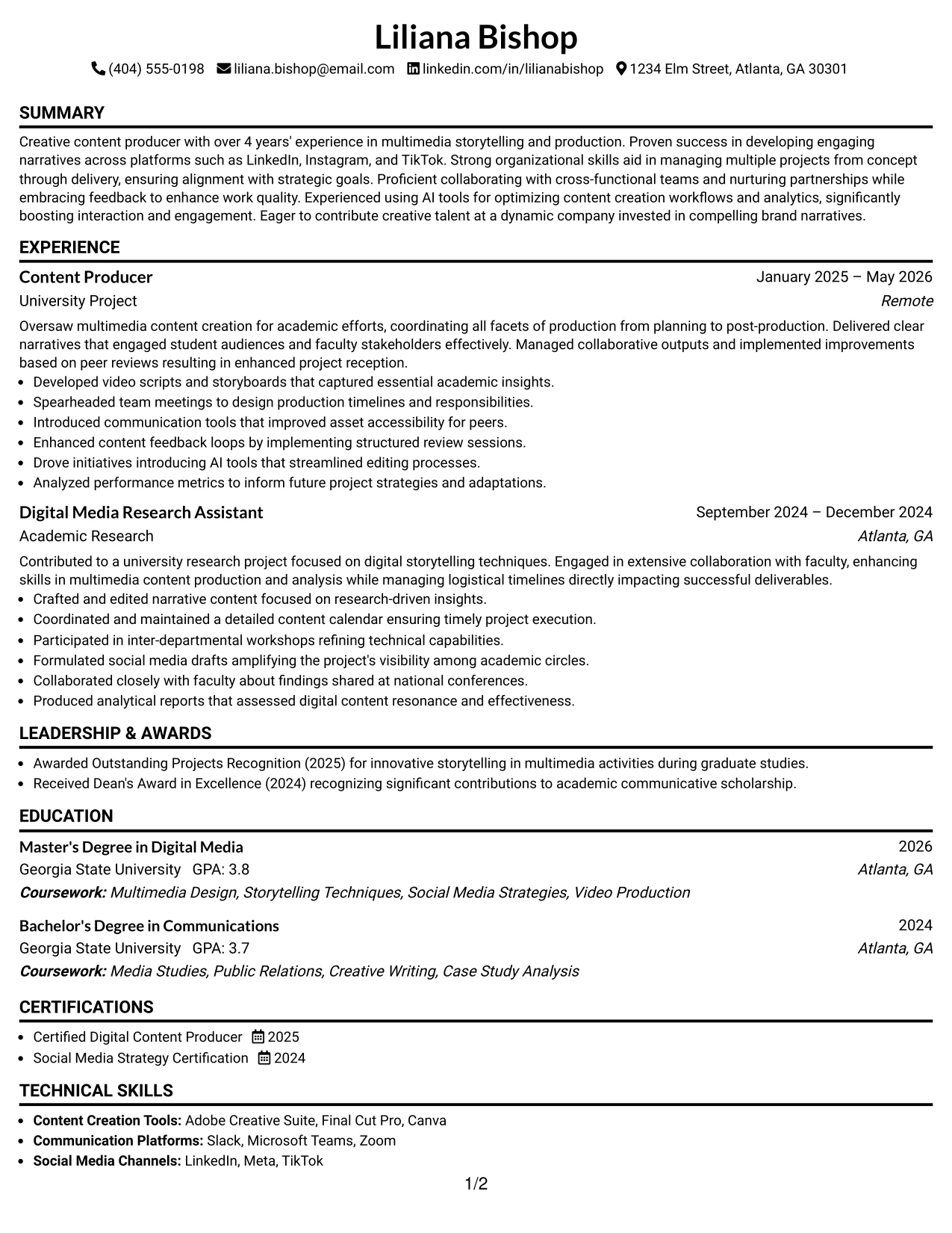 Resume Example Page 1