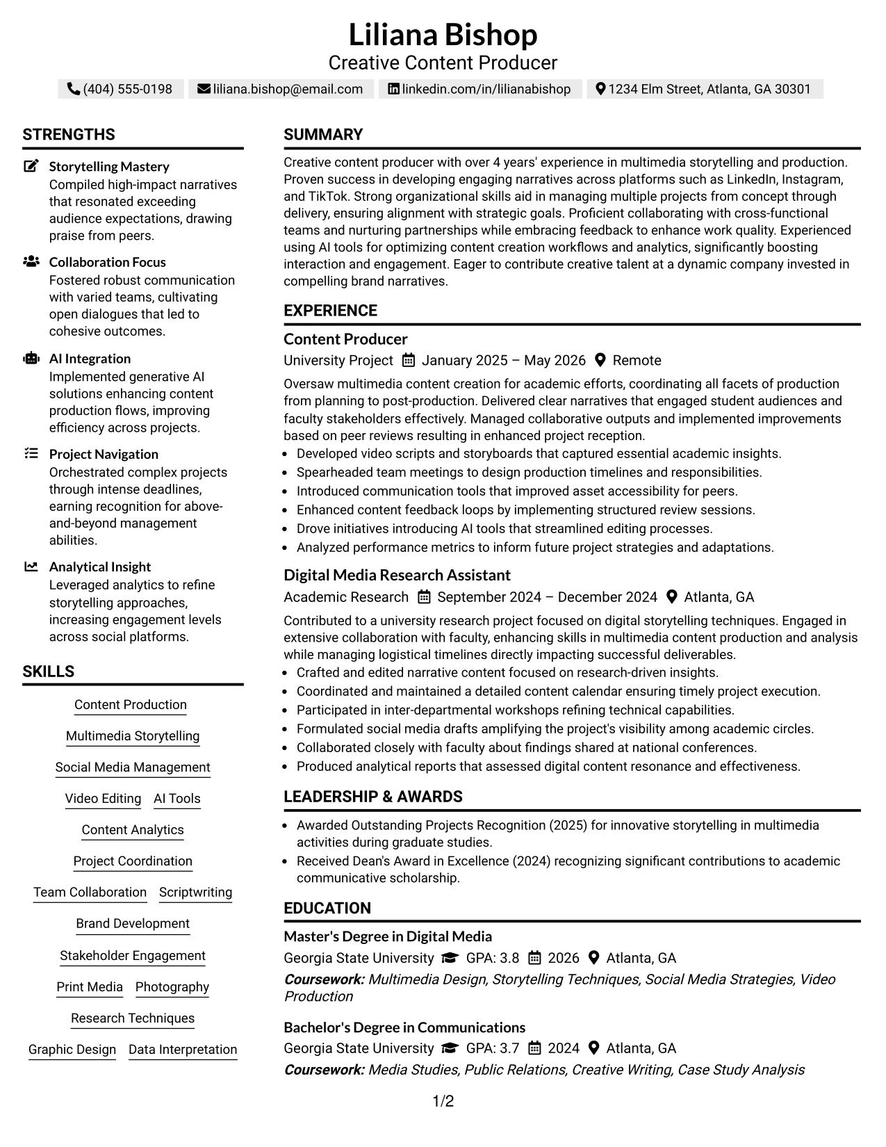 Resume Example Page 1