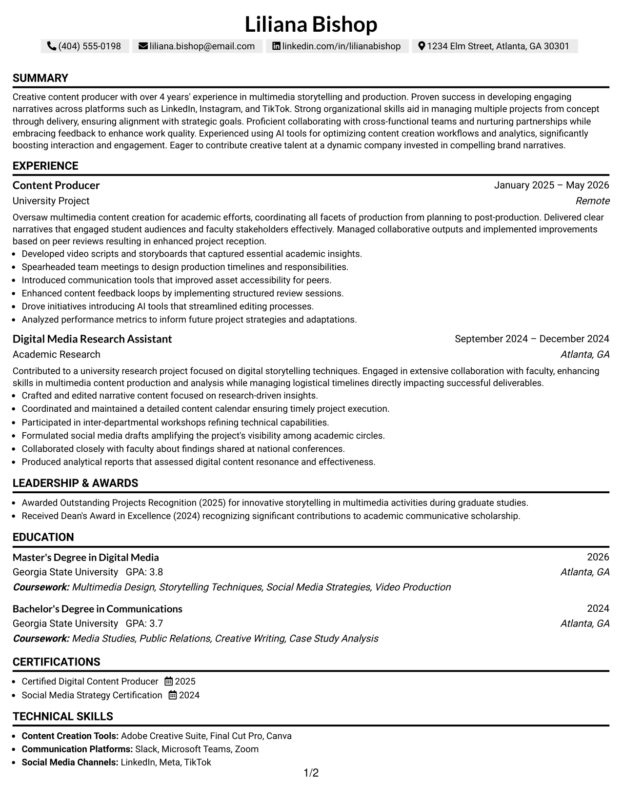 Resume Example Page 1