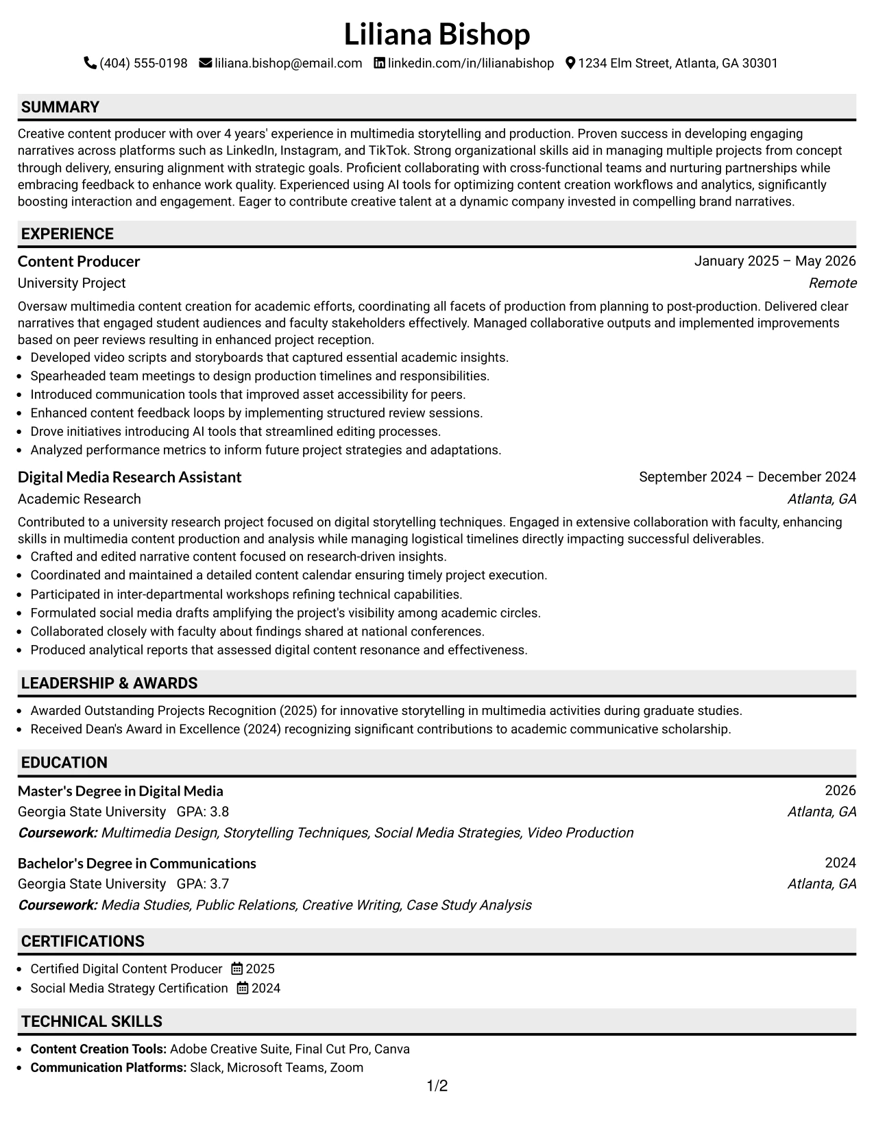 Resume Example Page 1
