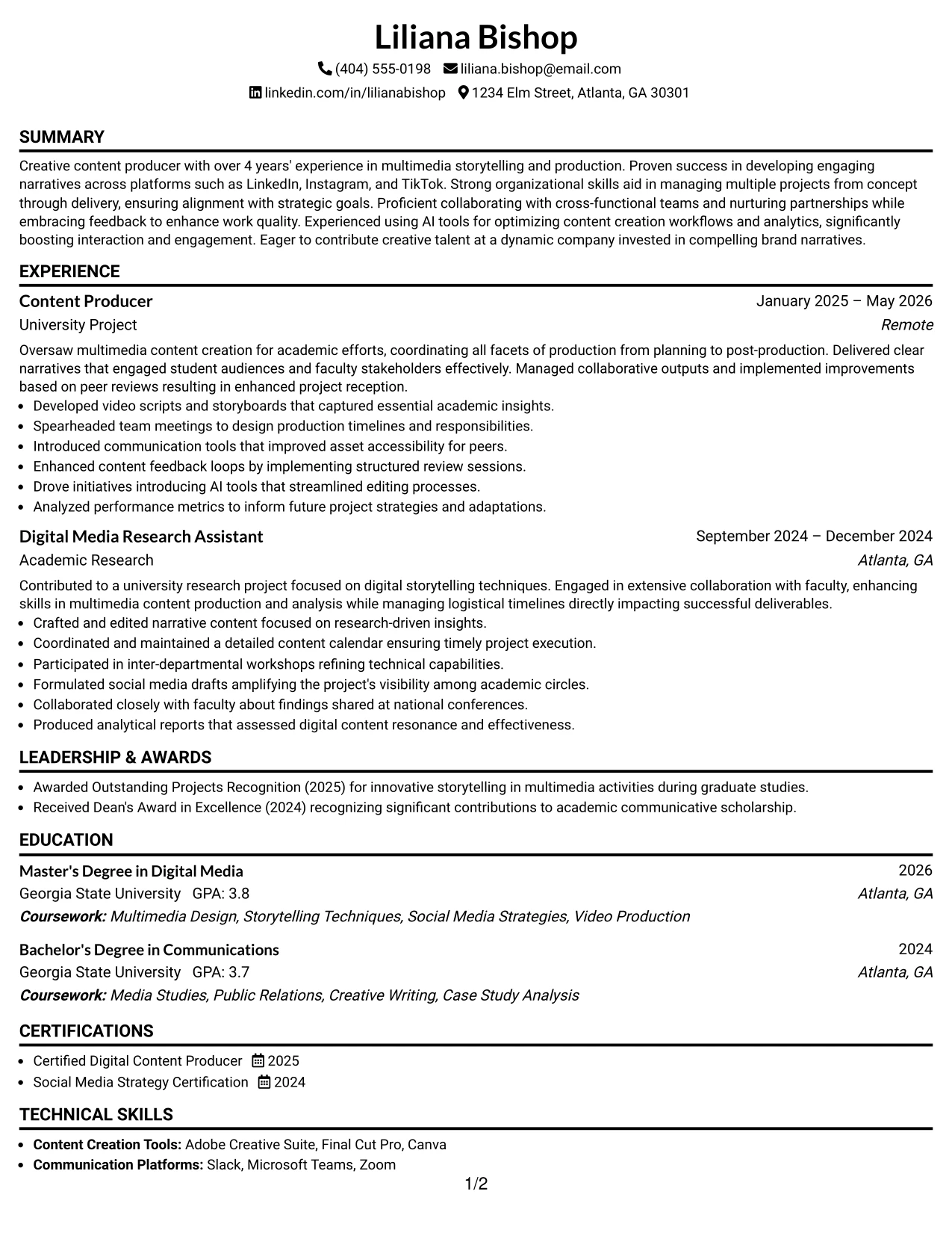 Resume Example Page 1