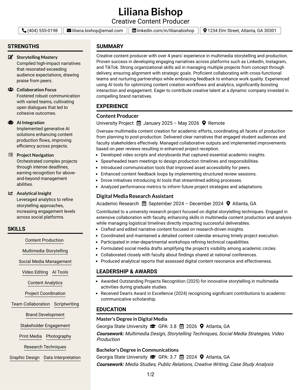 Resume Example Page 1
