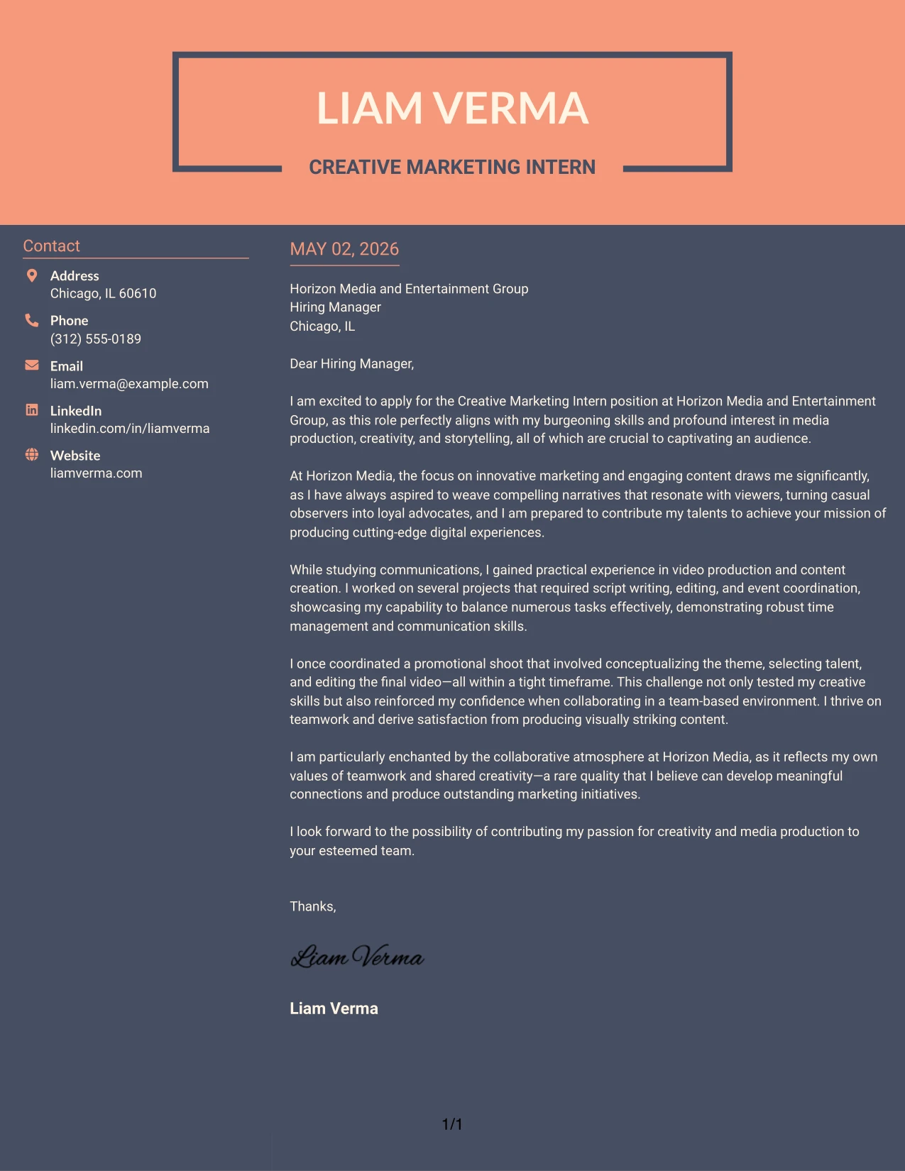 Creative Marketing Intern Cover Letter Example Creative Two Tone Format