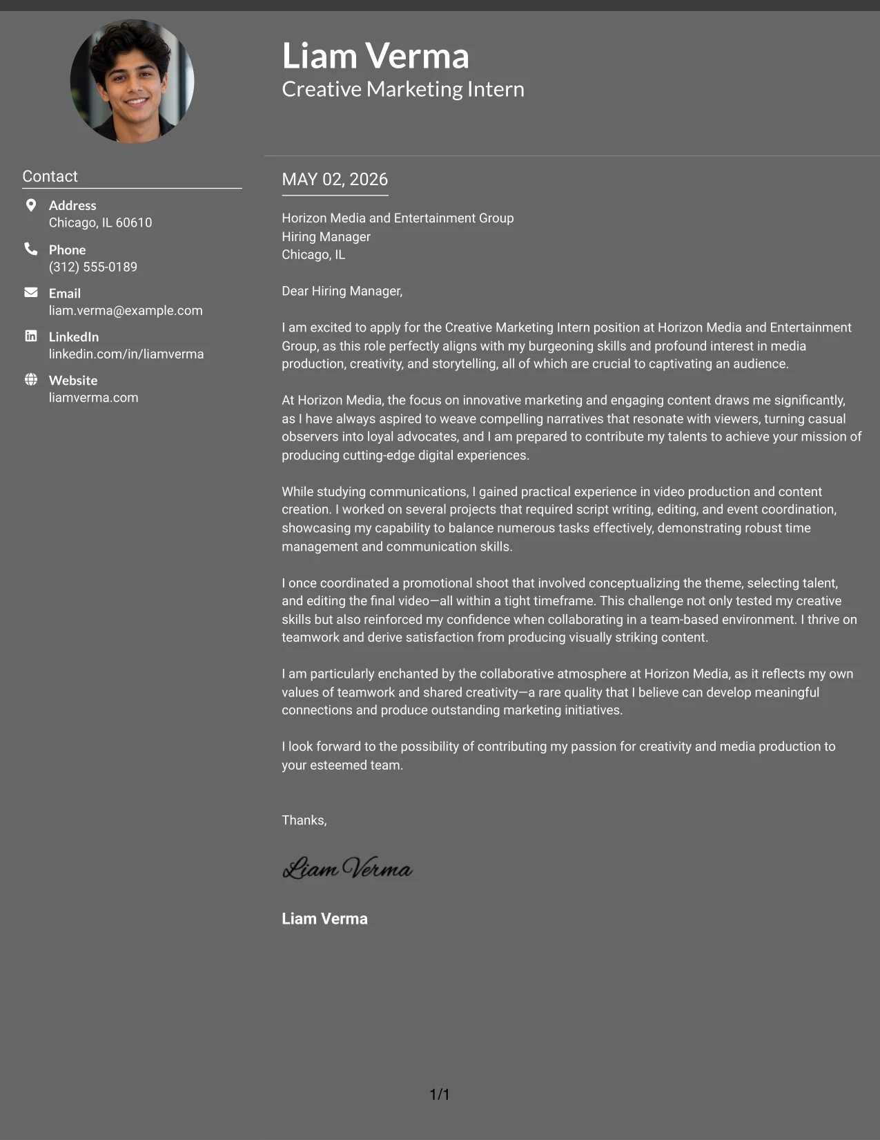 Creative Marketing Intern Cover Letter Example Dark Mode Two Column Format