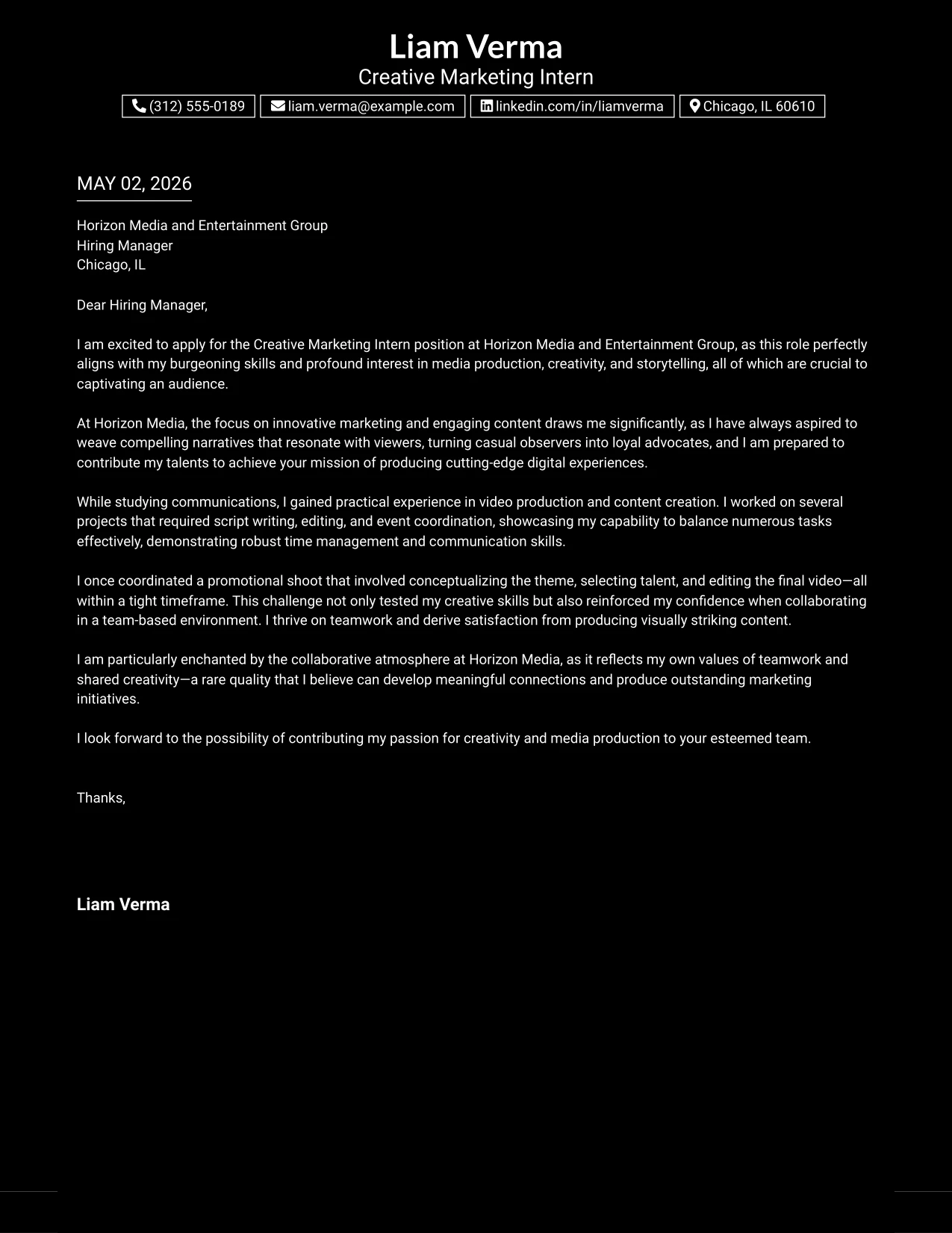 Creative Marketing Intern Cover Letter Example Dark Mode Box Header Format