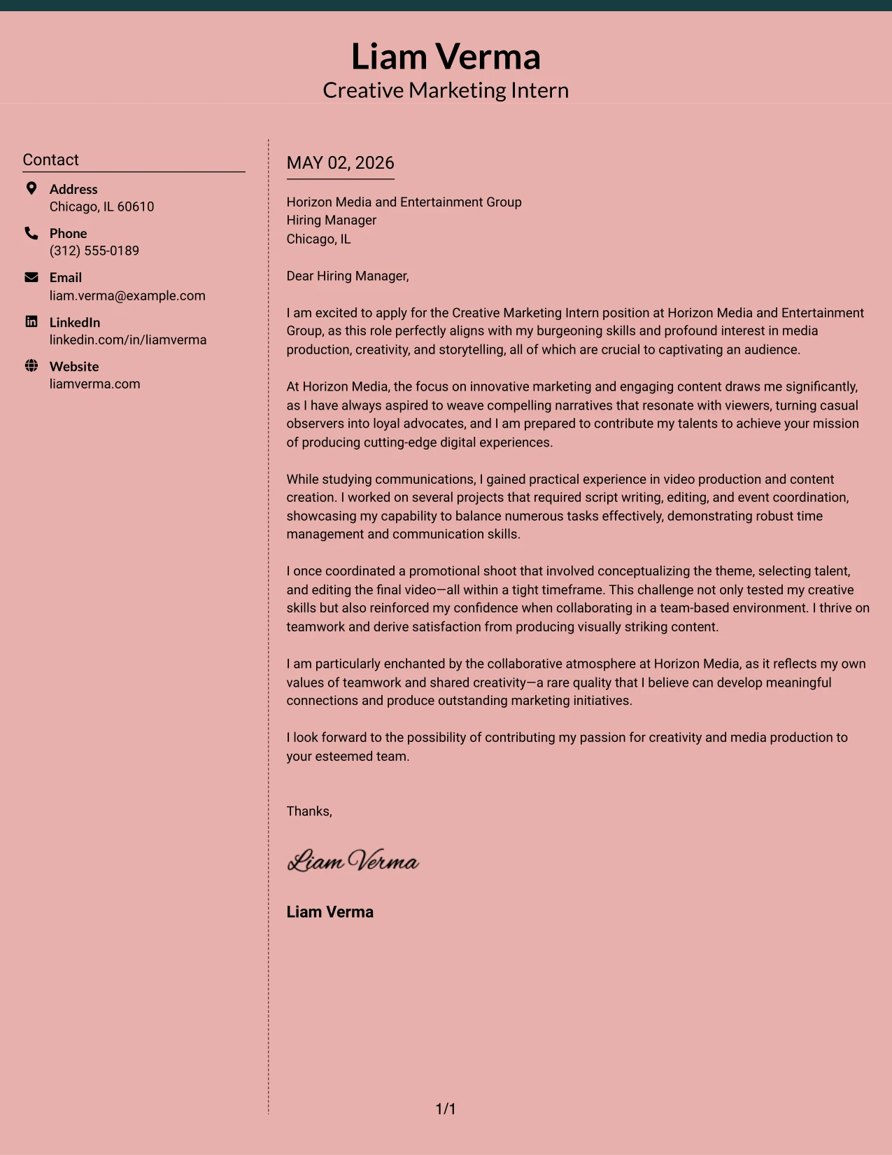 Creative Marketing Intern Cover Letter Example Elegant Full Background Two Column Format