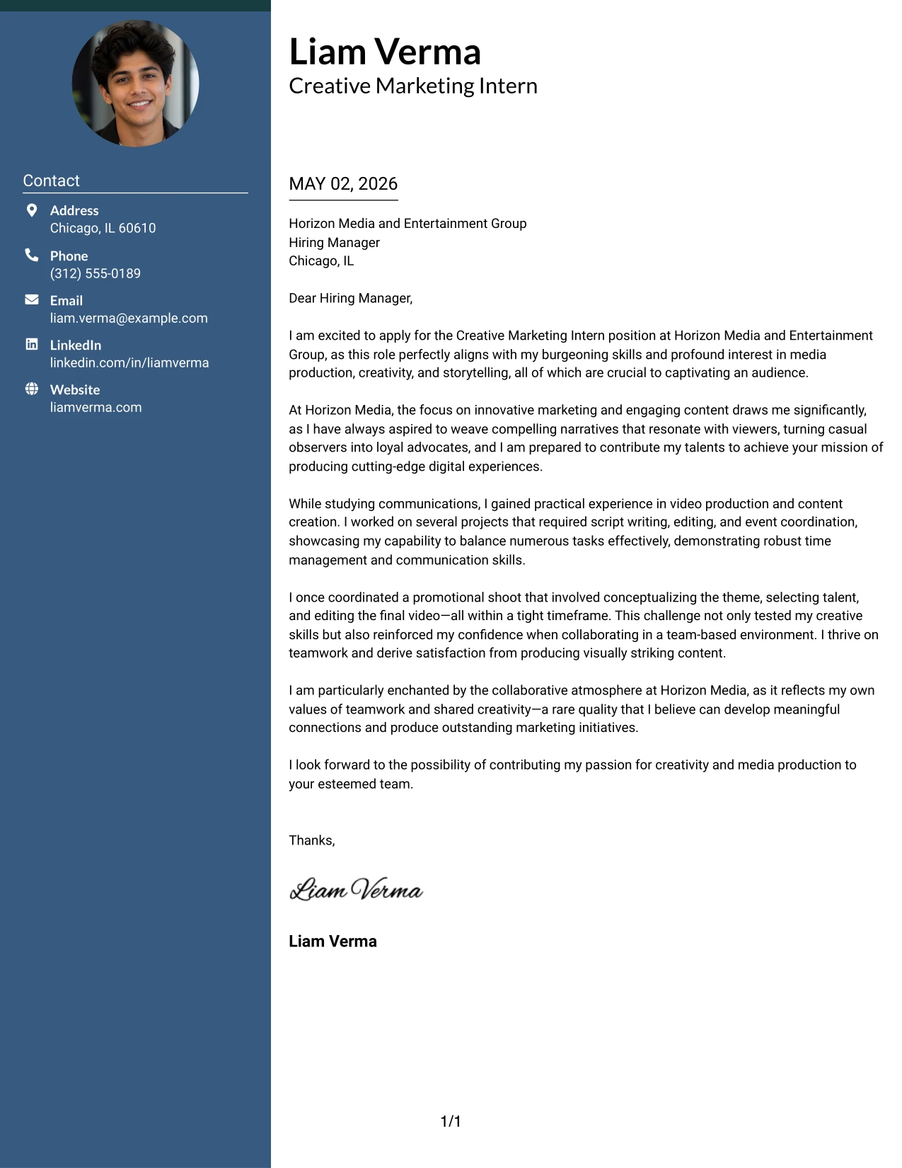 Creative Marketing Intern Cover Letter Example