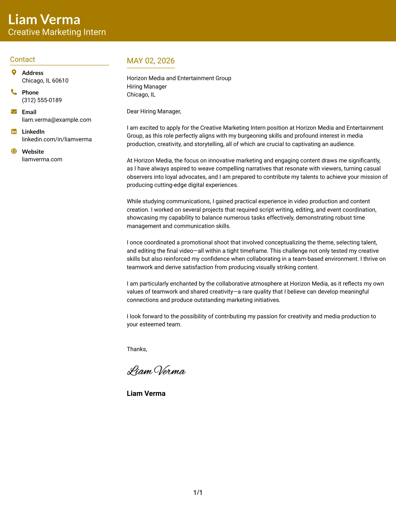 Creative Marketing Intern Cover Letter Example Bold Color Header Professional Format