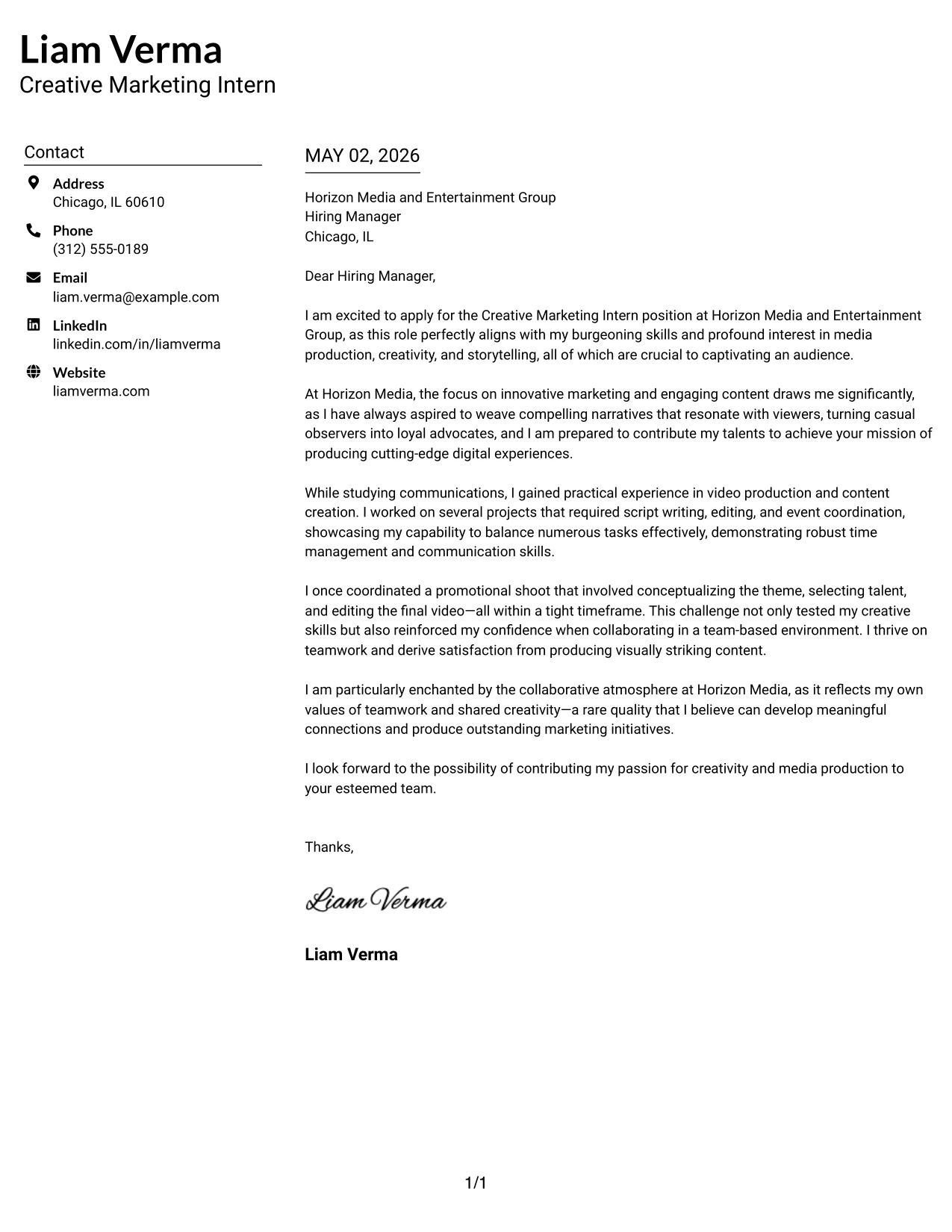 Creative Marketing Intern Cover Letter Example Left Aligned Header Clean Two Column Format
