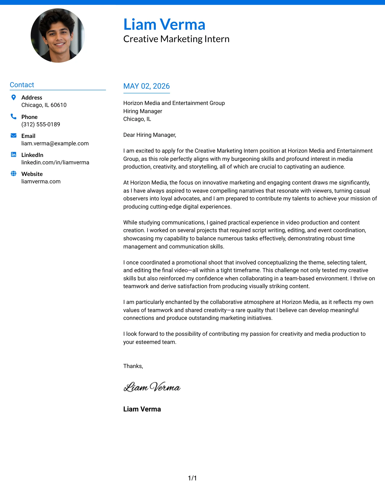Creative Marketing Intern Cover Letter Example Photo Header Color Accent International Format